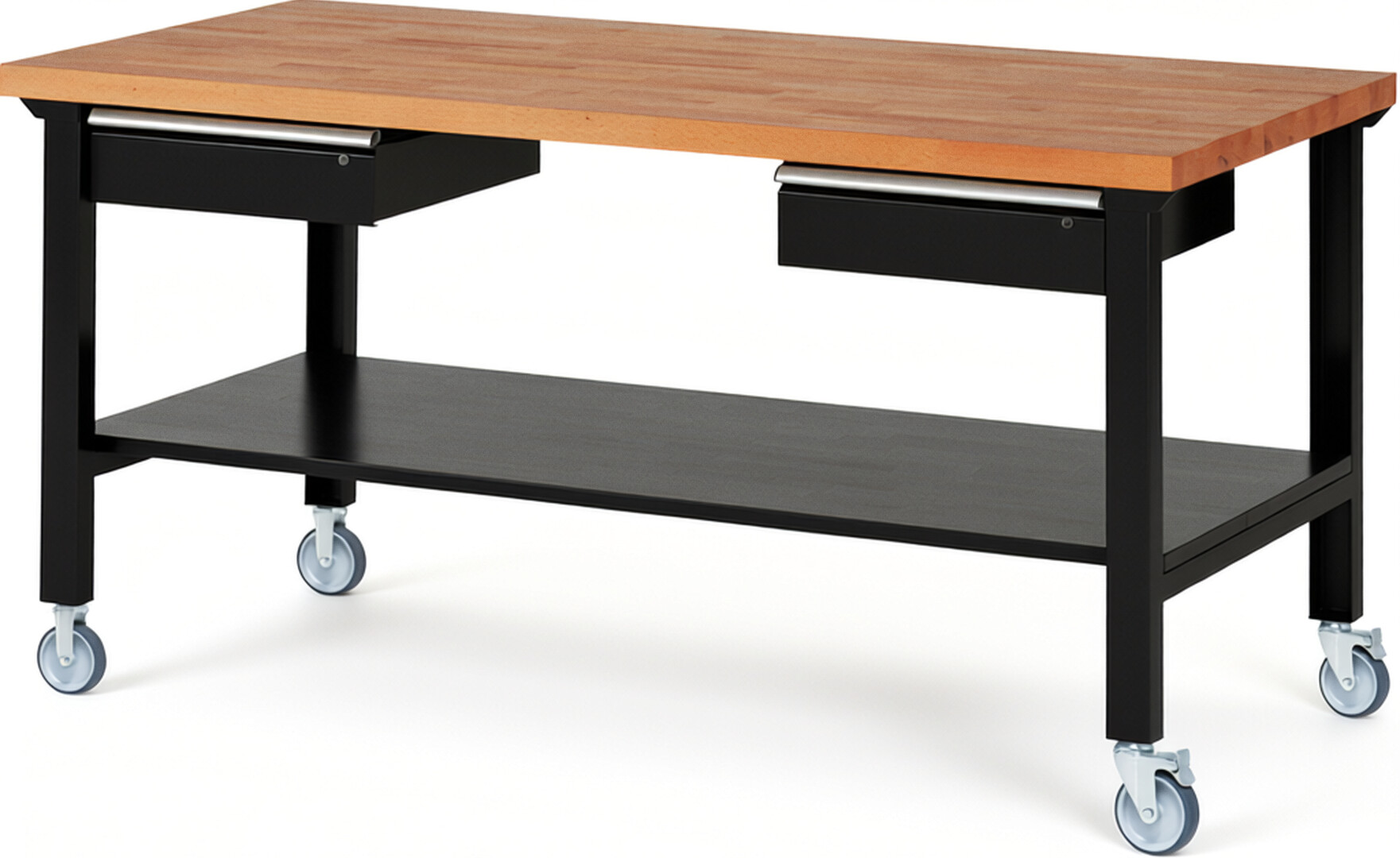 Fahrbare Werkbank Modell 7002 schwarz, BxTxH 2000x900x1000 mm,  Buche-Massiv Arbeitsplatte 40 mm,  2 Schubladen mit  Auszug 90 %