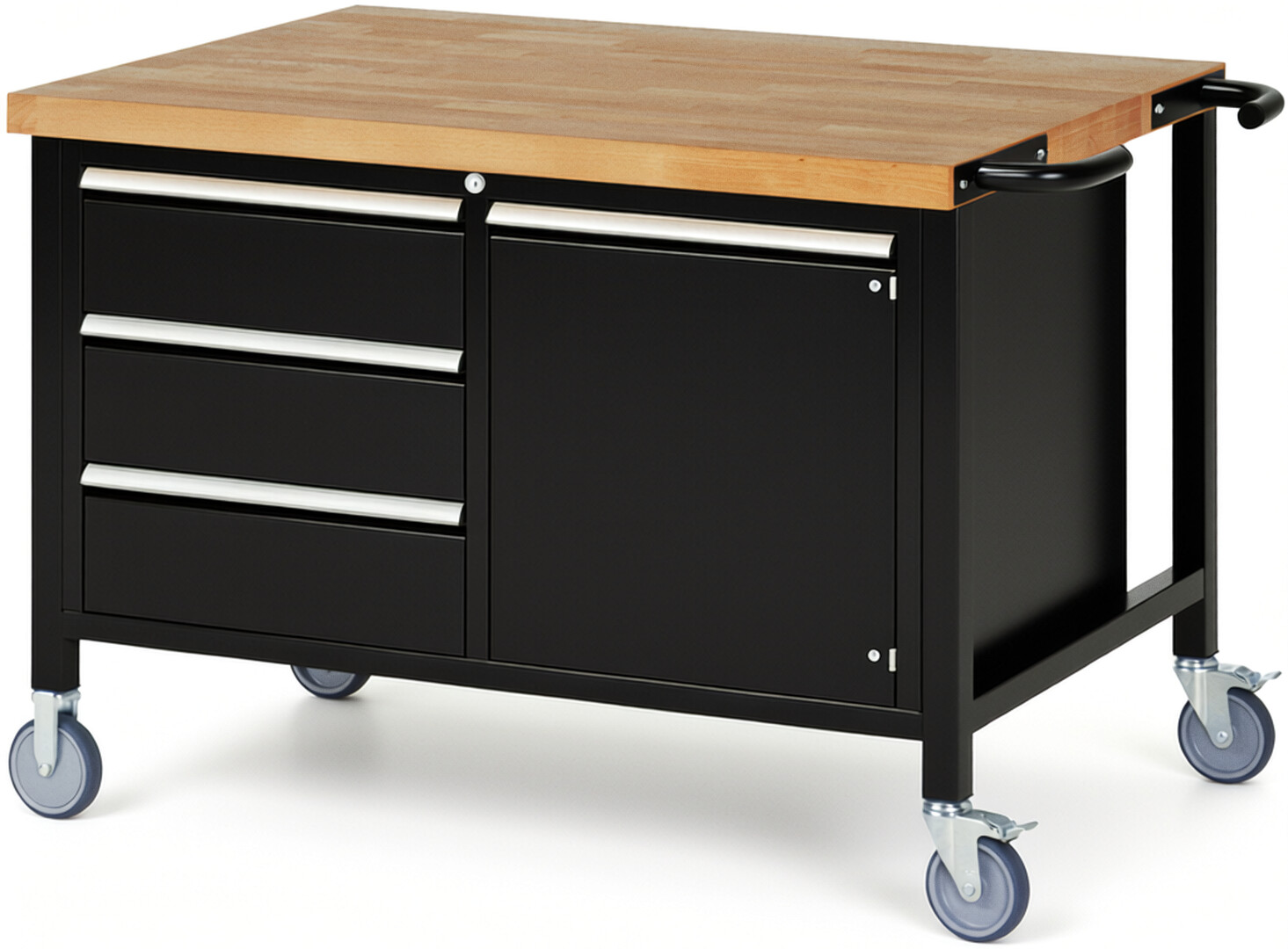 Fahrbare Werkbank Modell 8468 schwarz, BxTxH 1250x900x880 mm,  Buche-Massiv Arbeitsplatte 40 mm,  3 Schubladen mit  Auszug 90 %
