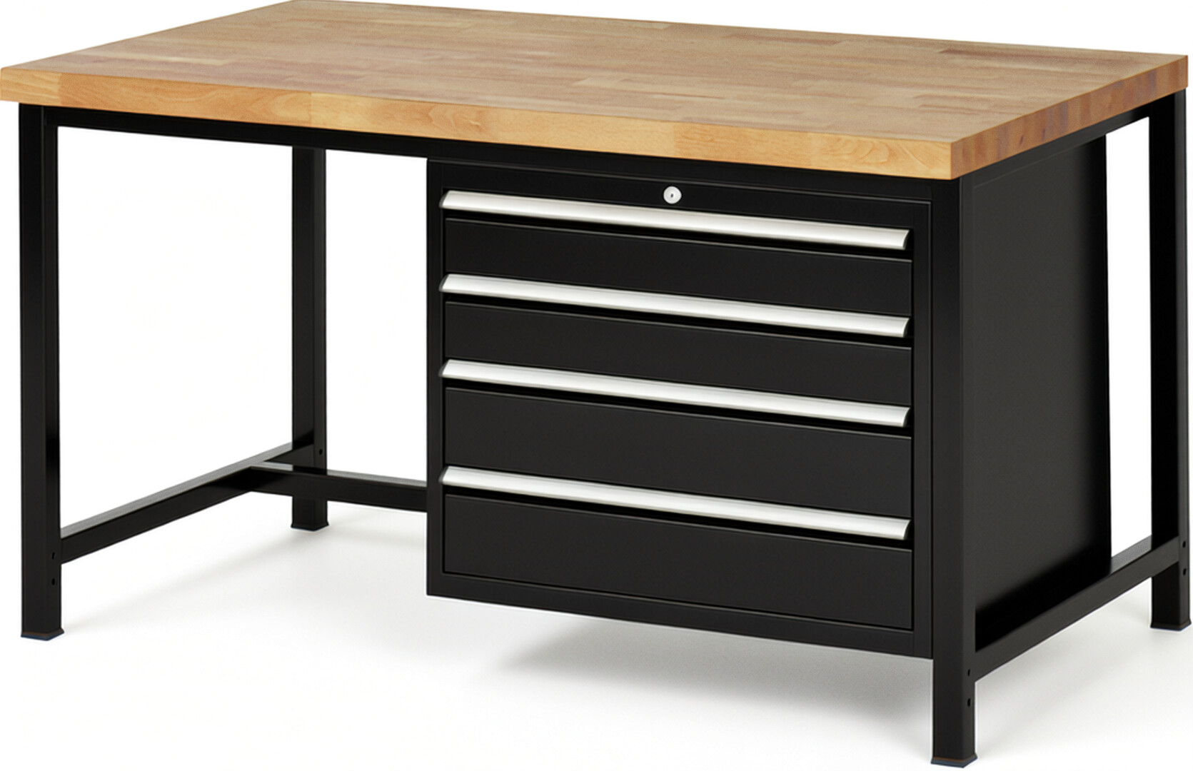 Werkbank Modell 8262 schwarz, BxTxH 1500x900x840 mm,  Buche-Massiv Arbeitsplatte 40 mm,  4 Schubladen mit  Auszug 90 %