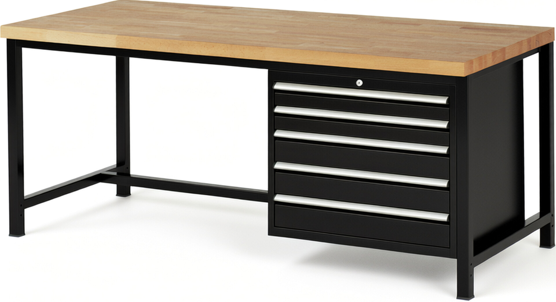 Werkbank Modell 8271 schwarz, BxTxH 2000x900x840 mm,  Buche-Massiv Arbeitsplatte 40 mm,  5 Schubladen mit  Auszug 90 %