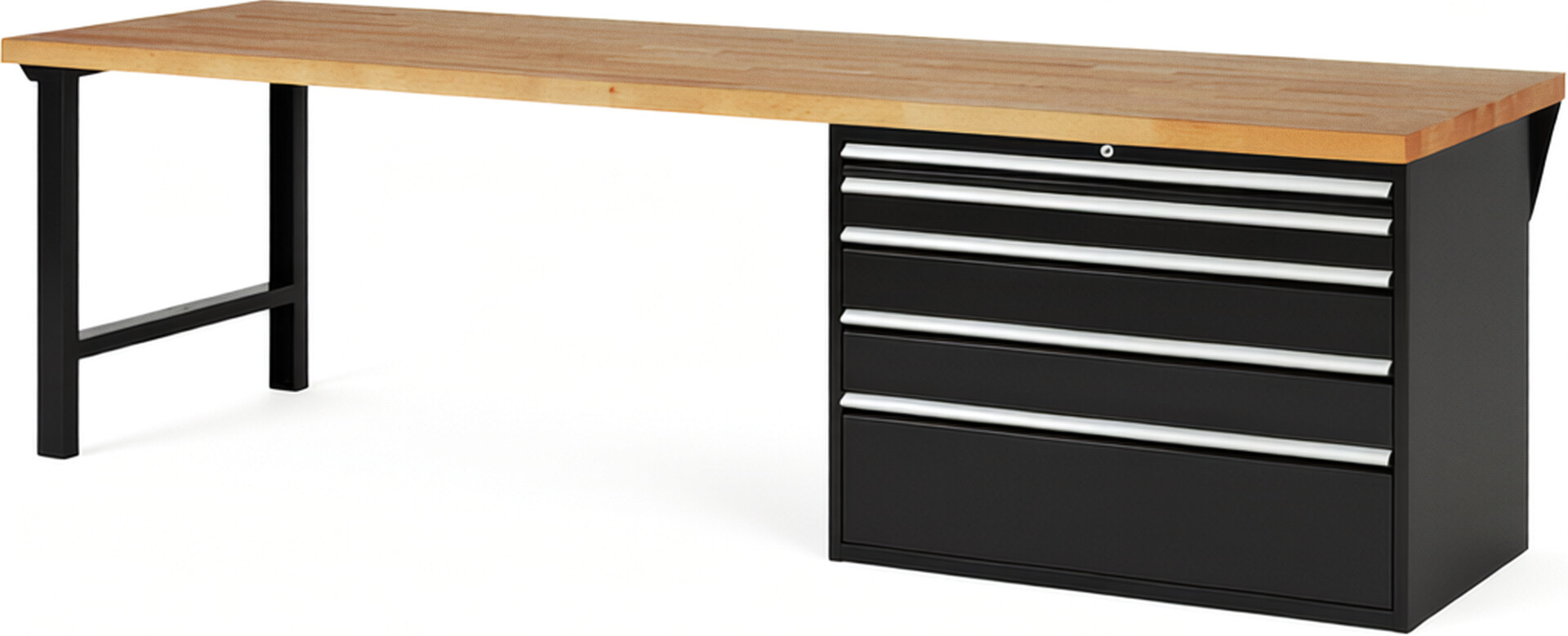 Werkbank Modell 7711 schwarz, BxTxH 3000x900x890 mm,  Buche-Massiv Arbeitsplatte 40 mm,  5 Schubladen mit  Auszug 90 %