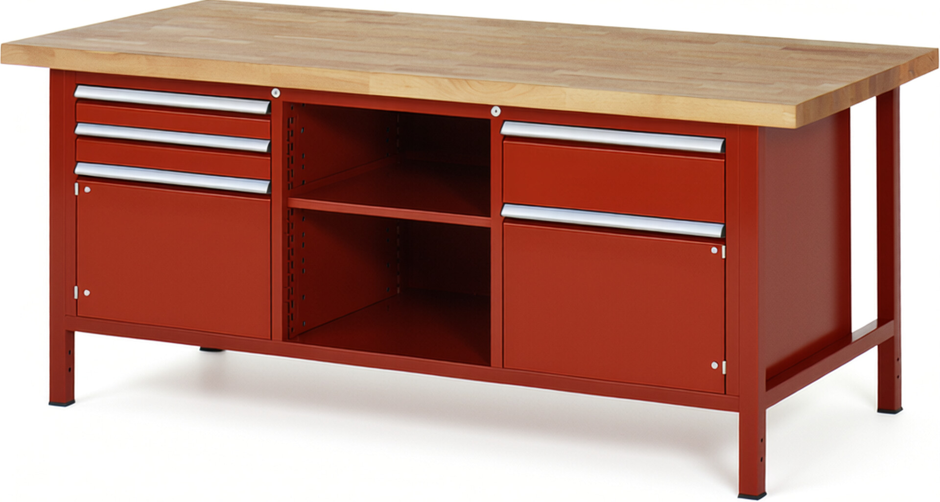 Werkbank Modell 8562 rot, BxTxH 2000x900x840 mm,  Buche-Massiv Arbeitsplatte 40 mm,  3 Schubladen mit  Auszug 90 %