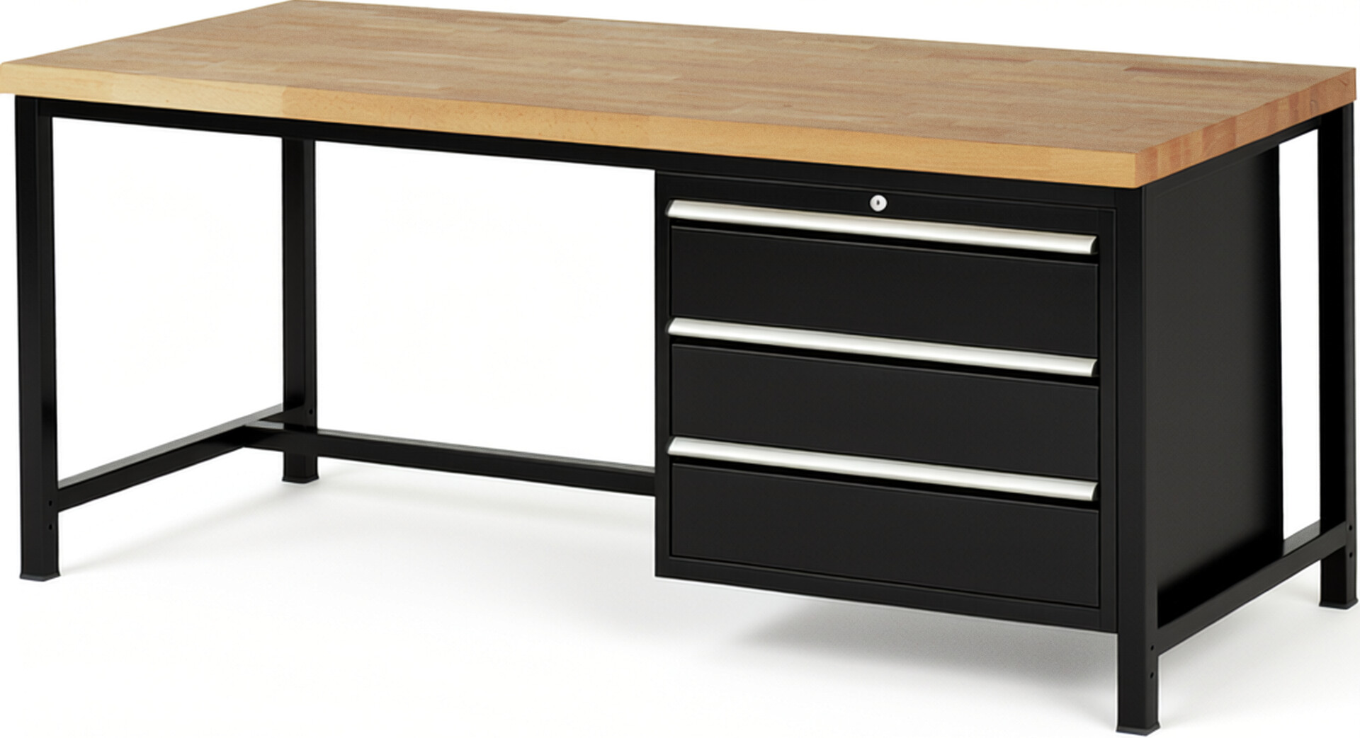 Werkbank Modell 8257 schwarz, BxTxH 2000x900x840-1040 mm,  Buche-Massiv Arbeitsplatte 40 mm,  3 Schubladen mit  Vollauszug 100 % und  SoftClosing