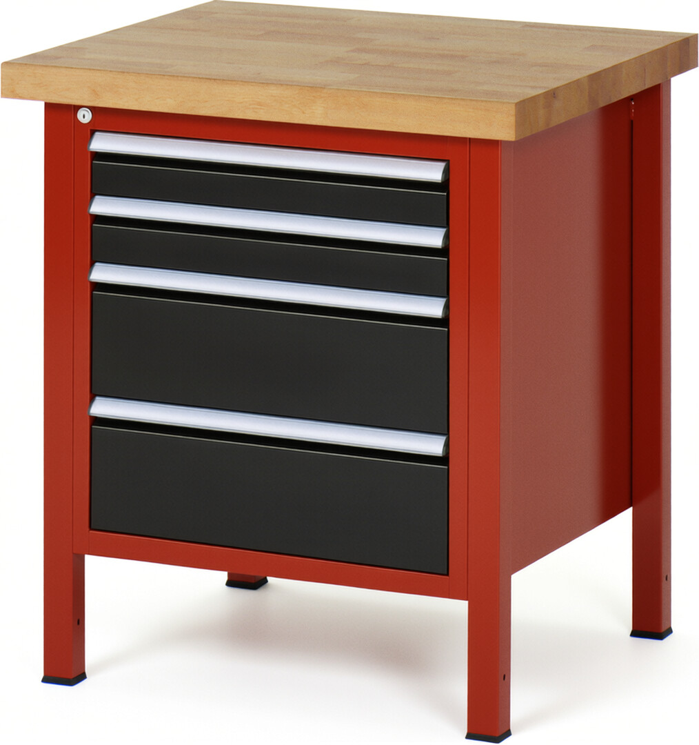Werkbank Modell 8161 rot - schwarz, BxTxH 750x700x840-1040 mm,  Buche-Massiv Arbeitsplatte 40 mm,  4 Schubladen mit  Auszug 90 %