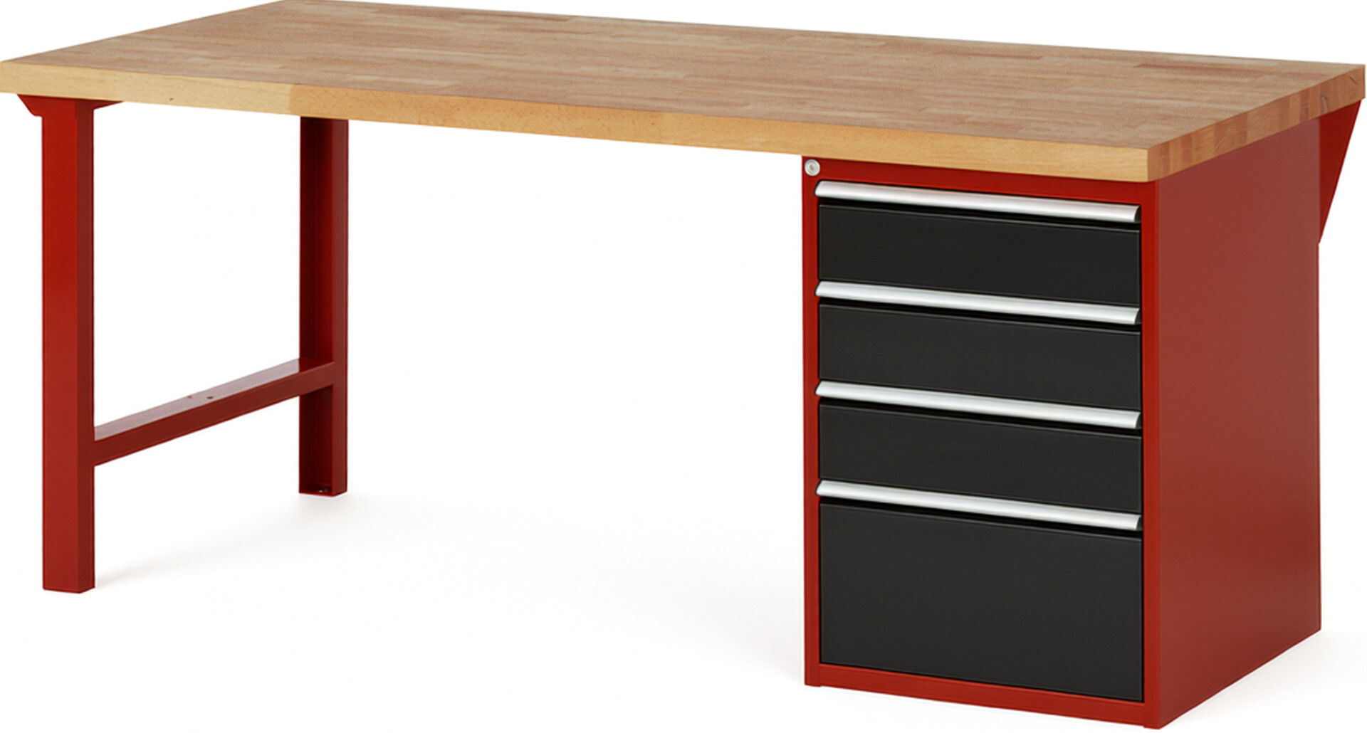 Werkbank Modell 7510 rot - schwarz, BxTxH 2000x900x890 mm,  Buche-Massiv Arbeitsplatte 40 mm,  4 Schubladen mit  Auszug 90 %