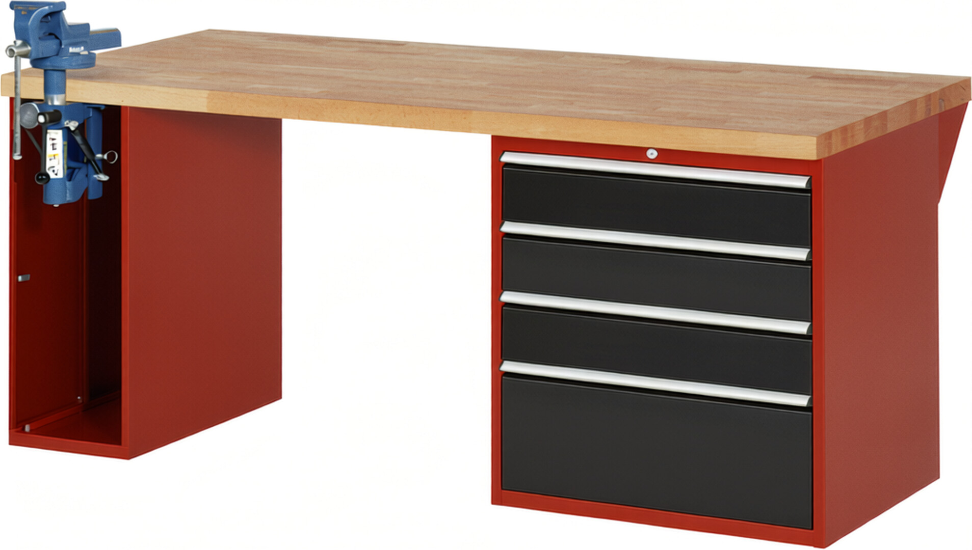 Werkbank Modell 7610 rot - schwarz, BxTxH 2000x900x890 mm,  Buche-Massiv Arbeitsplatte 40 mm,  4 Schubladen mit  Auszug 90 %
