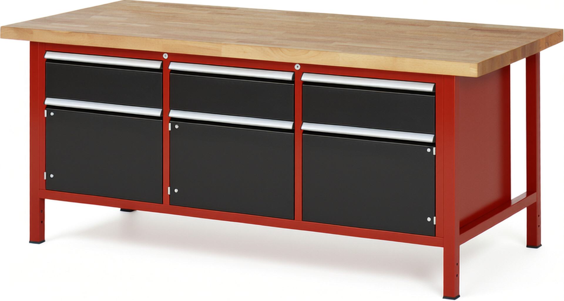 Werkbank Modell 8567 rot - schwarz, BxTxH 2000x900x840 mm,  Buche-Massiv Arbeitsplatte 40 mm,  3 Schubladen mit  Auszug 90 %