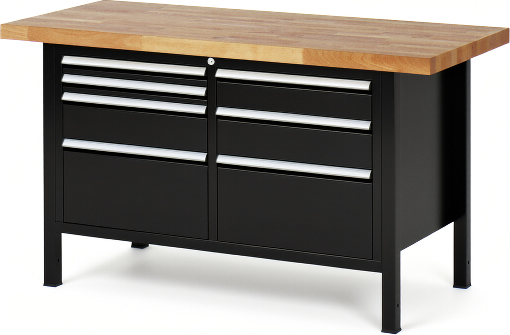 Werkbank Modell 8476 schwarz, BxTxH 1500x700x840 mm,  Buche-Massiv Arbeitsplatte 40 mm,  7 Schubladen mit  Vollauszug 100 % und  SoftClosing