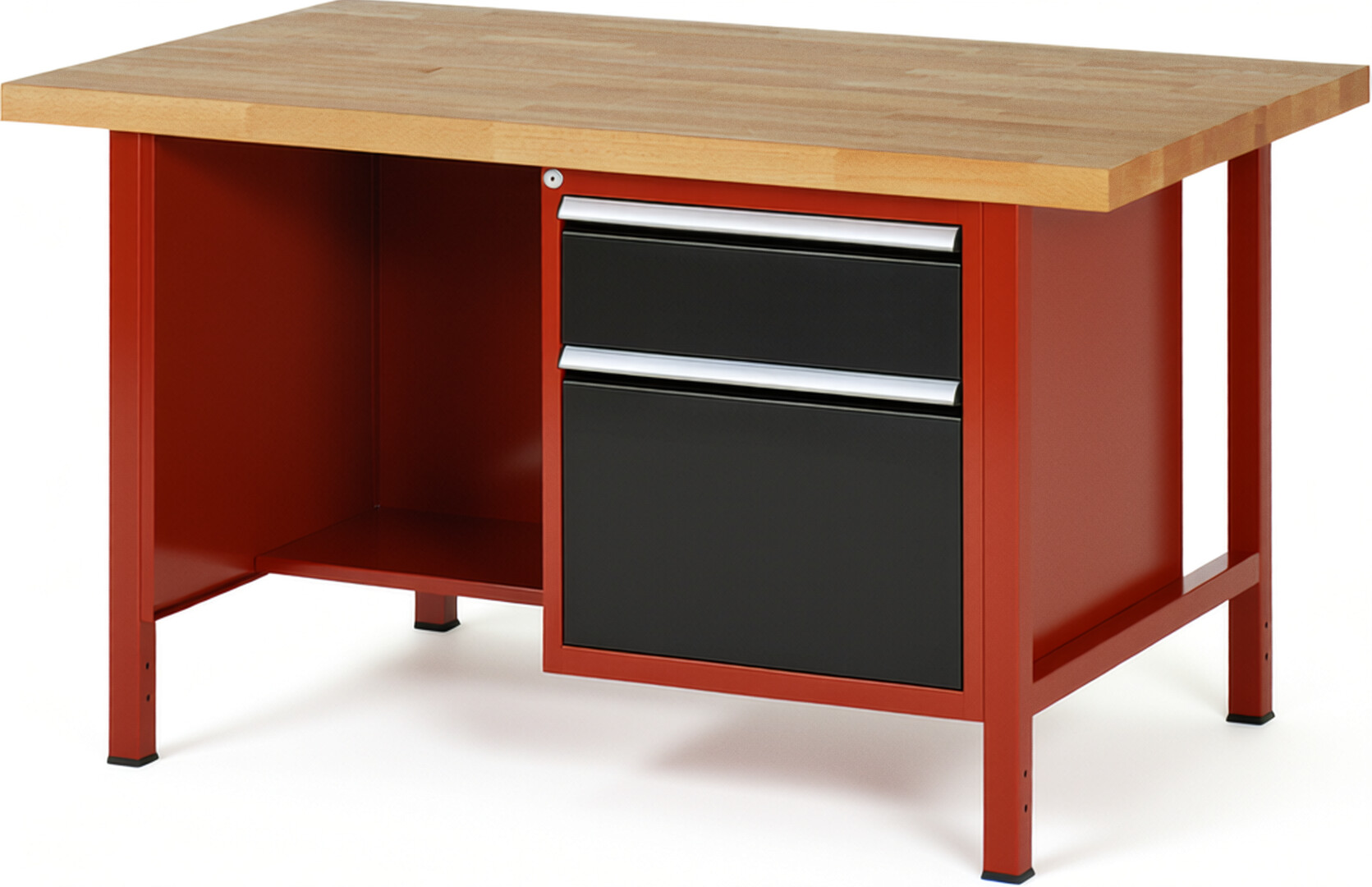 Werkbank Modell 8451 rot - schwarz, BxTxH 1500x900x840 mm,  Buche-Massiv Arbeitsplatte 40 mm,  2 Schubladen mit  Auszug 90 %