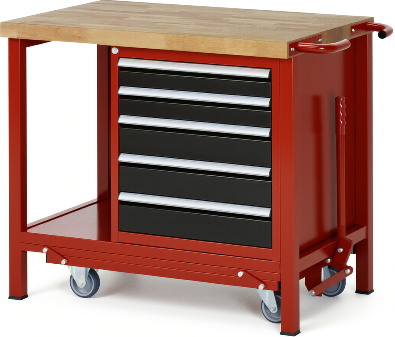Absenkbare Werkbank Modell 8171 rot - schwarz, BxTxH 1000x700x880 mm,  Buche-Massiv Arbeitsplatte 40 mm,  5 Schubladen mit  Auszug 90 %