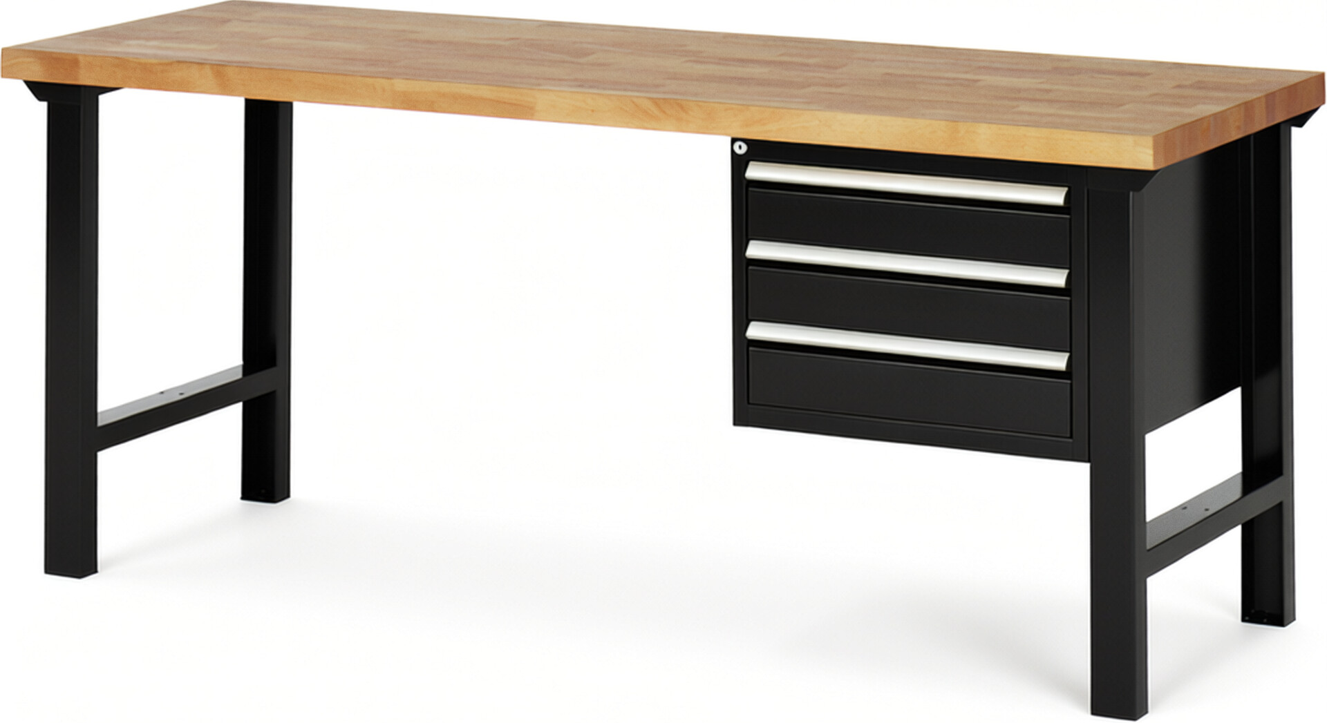 Werkbank Modell 7127 schwarz, BxTxH 2000x700x840 mm,  Buche-Massiv Arbeitsplatte 40 mm,  3 Schubladen mit  Auszug 90 %