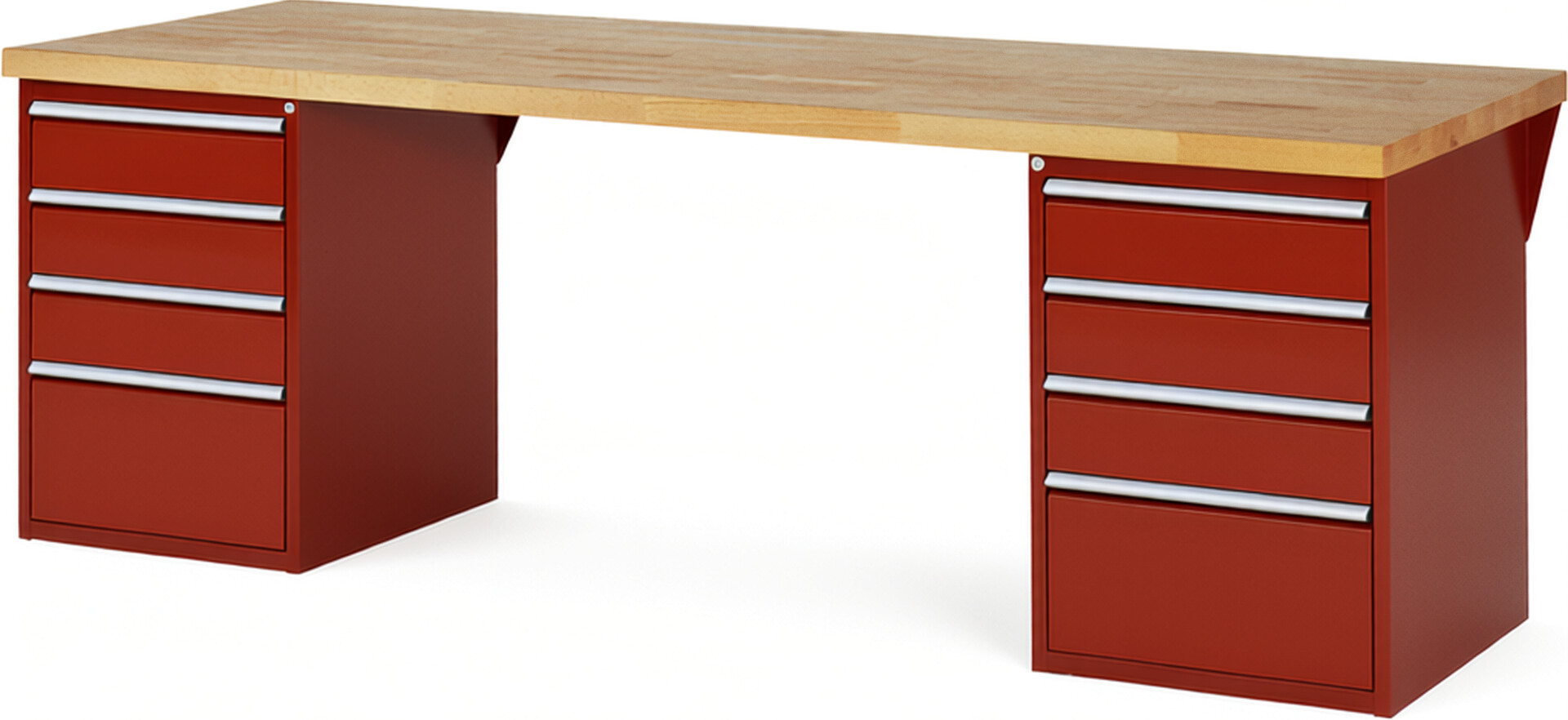 Werkbank Modell 7510 rot, BxTxH 2500x900x890 mm,  Buche-Massiv Arbeitsplatte 40 mm,  8 Schubladen mit  Auszug 90 %