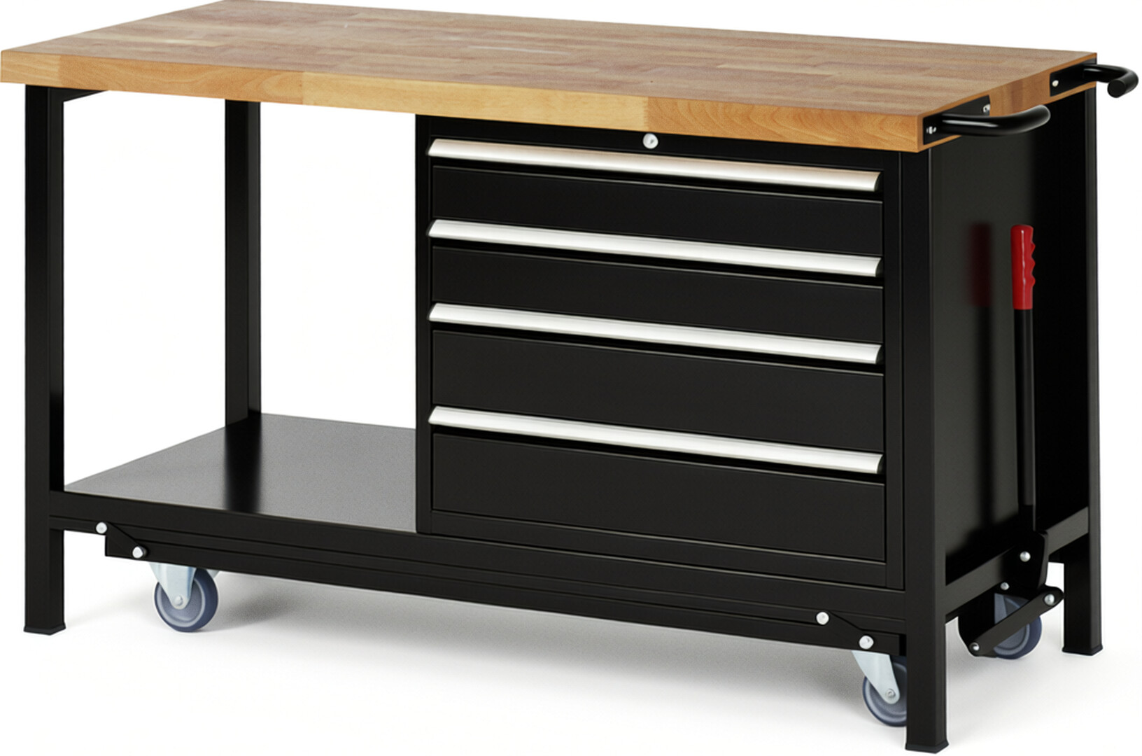 Absenkbare Werkbank Modell 8262 schwarz, BxTxH 1500x700x880 mm,  Buche-Massiv Arbeitsplatte 40 mm,  4 Schubladen mit  Auszug 90 %