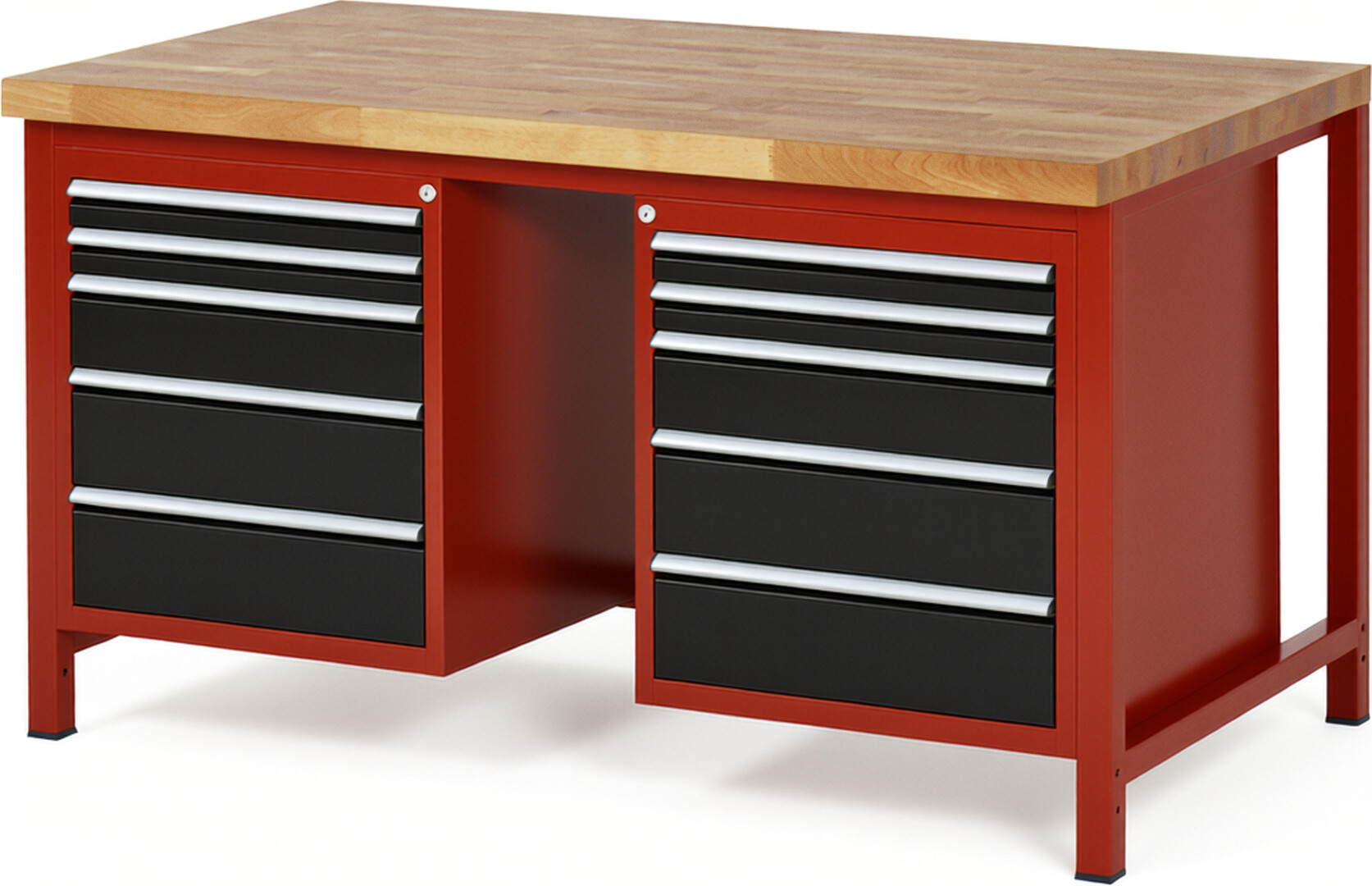 Werkbank Modell 8184 rot - schwarz, BxTxH 1500x900x840-1040 mm,  Buche-Massiv Arbeitsplatte 40 mm,  10 Schubladen mit  Vollauszug 100 % und  SoftClosing