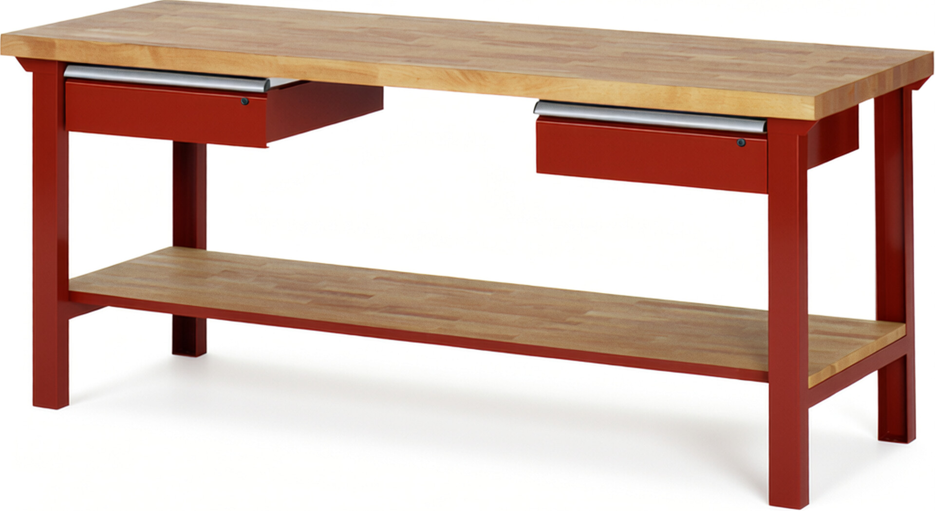 Werkbank Modell 7002 rot, BxTxH 2000x700x840 mm,  Buche-Massiv Arbeitsplatte 40 mm,  2 Schubladen mit  Auszug 90 %
