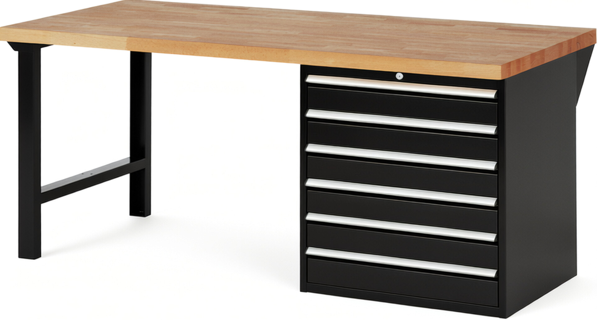 Werkbank Modell 7616 schwarz, BxTxH 2000x900x890 mm,  Buche-Massiv Arbeitsplatte 40 mm,  6 Schubladen mit  Auszug 90 %