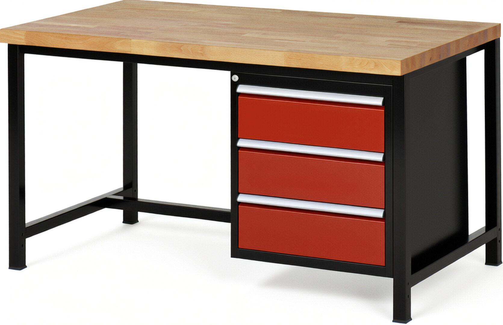 RAU Werkbank schwarz - rot - Breite 150 cm - Tiefe 90 cm - Höhe 104 cm - Buche-Massiv Arbeitsplatte 40 mm