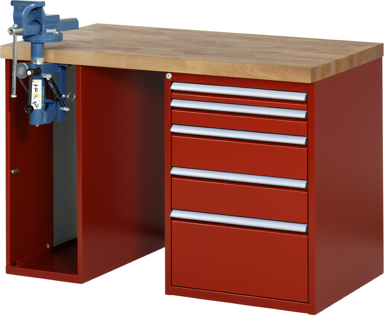 Werkbank Modell 7511 rot, BxTxH 1250x700x890 mm,  Buche-Massiv Arbeitsplatte 40 mm,  5 Schubladen mit  Auszug 90 %