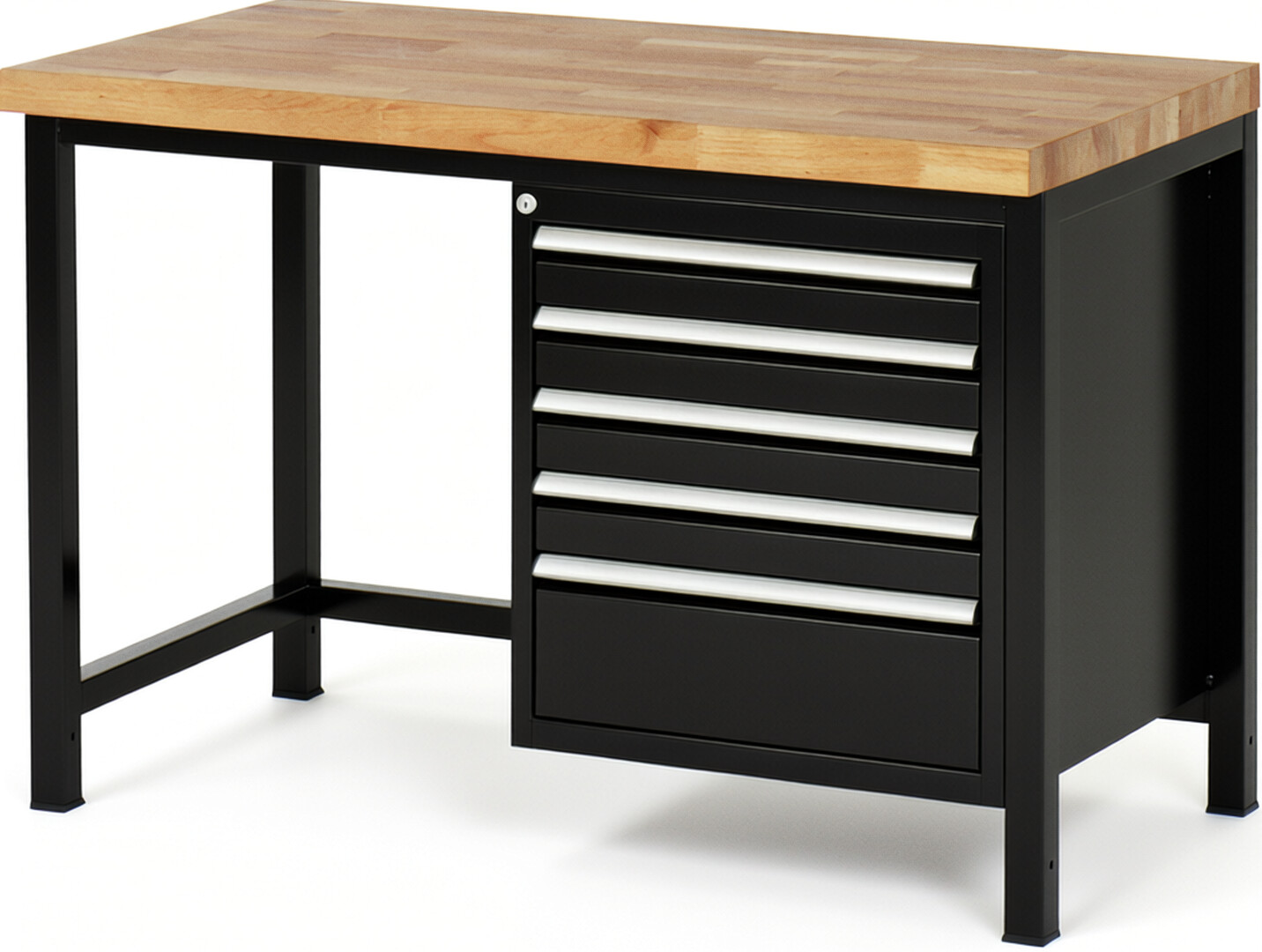 Werkbank Modell 8168 schwarz, BxTxH 1250x700x840-1040 mm,  Buche-Massiv Arbeitsplatte 40 mm,  5 Schubladen mit  Vollauszug 100 % und  SoftClosing