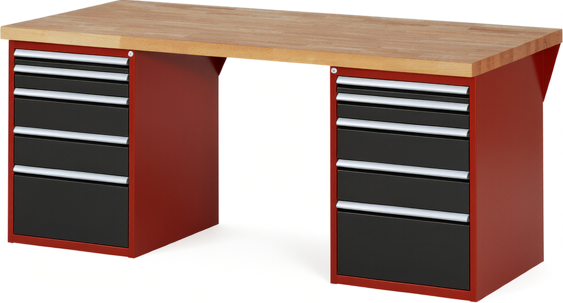 Werkbank Modell 7511 rot - schwarz, BxTxH 2000x900x890 mm,  Buche-Massiv Arbeitsplatte 40 mm,  10 Schubladen mit  Auszug 90 %
