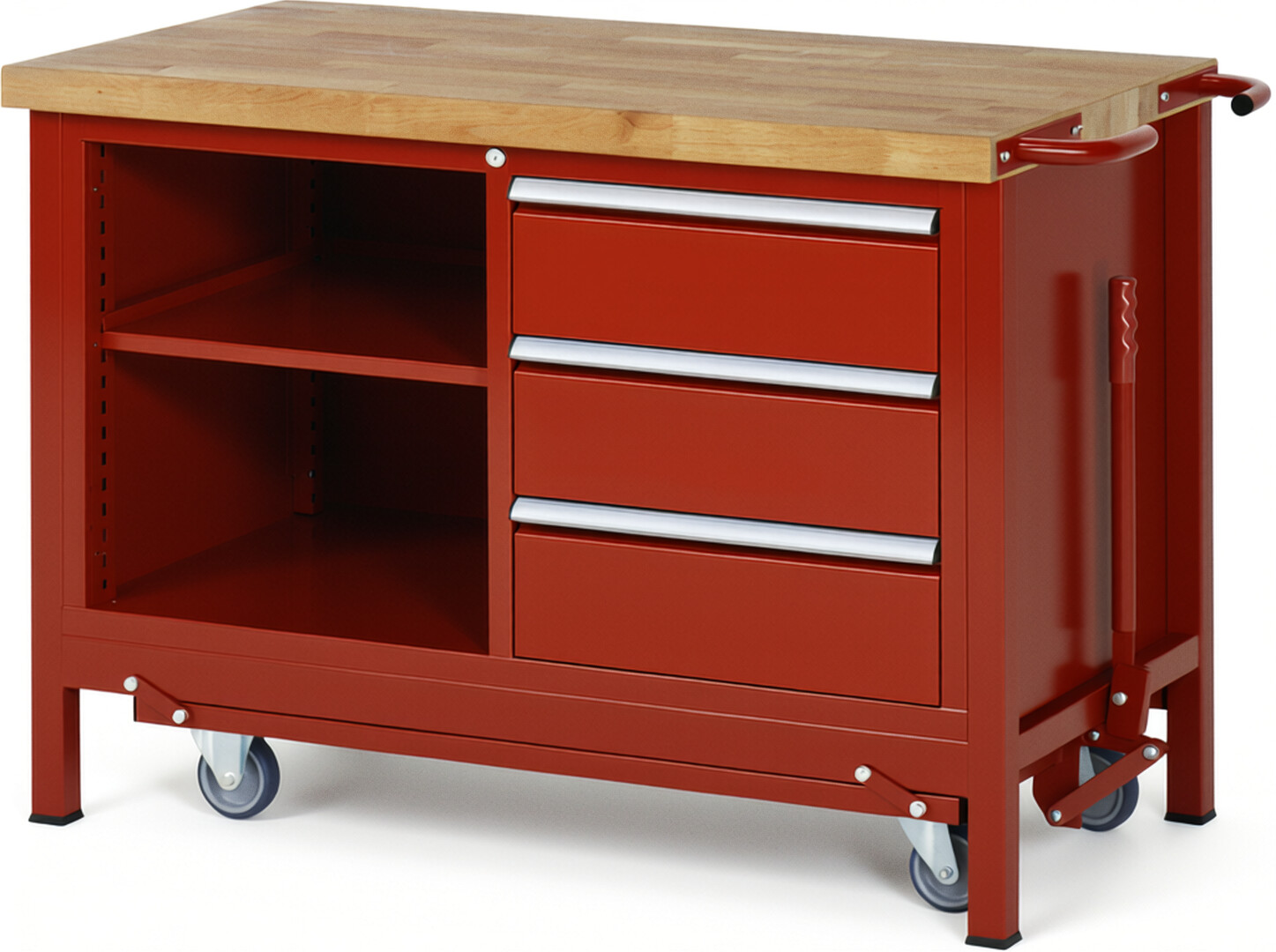 Absenkbare Werkbank Modell 8462 rot, BxTxH 1250x700x880 mm,  Buche-Massiv Arbeitsplatte 40 mm,  3 Schubladen mit  Vollauszug 100 % und  SoftClosing