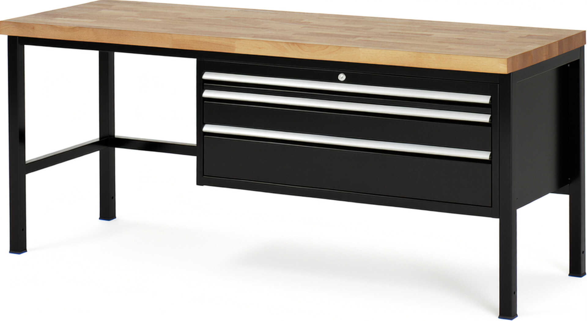 Werkbank Modell 8326 schwarz, BxTxH 2000x700x840-1040 mm,  Buche-Massiv Arbeitsplatte 40 mm,  3 Schubladen mit  Vollauszug 100 % und  SoftClosing