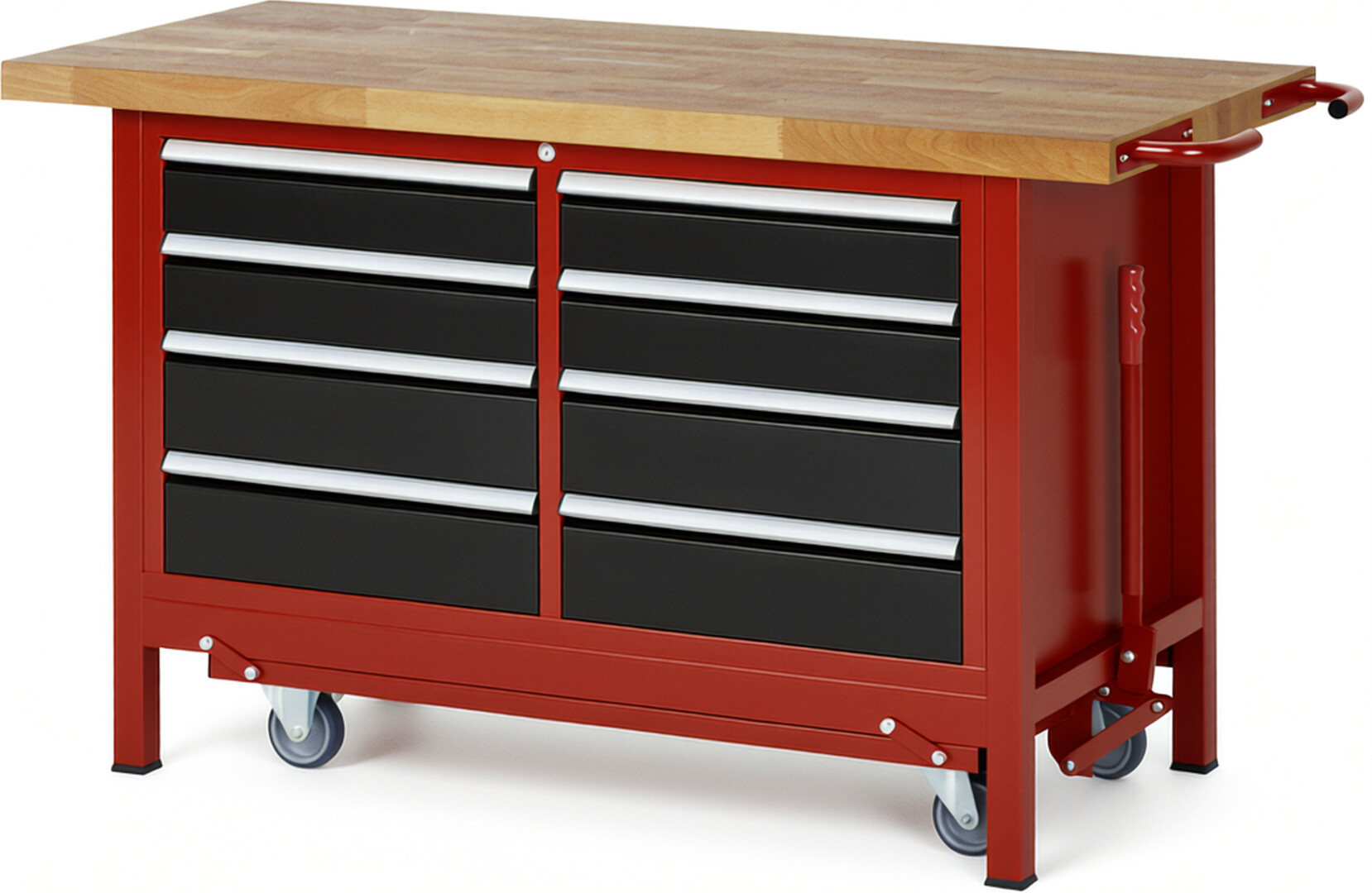 Absenkbare Werkbank Modell 8477 rot - schwarz, BxTxH 1500x700x880 mm,  Buche-Massiv Arbeitsplatte 40 mm,  8 Schubladen mit  Auszug 90 %