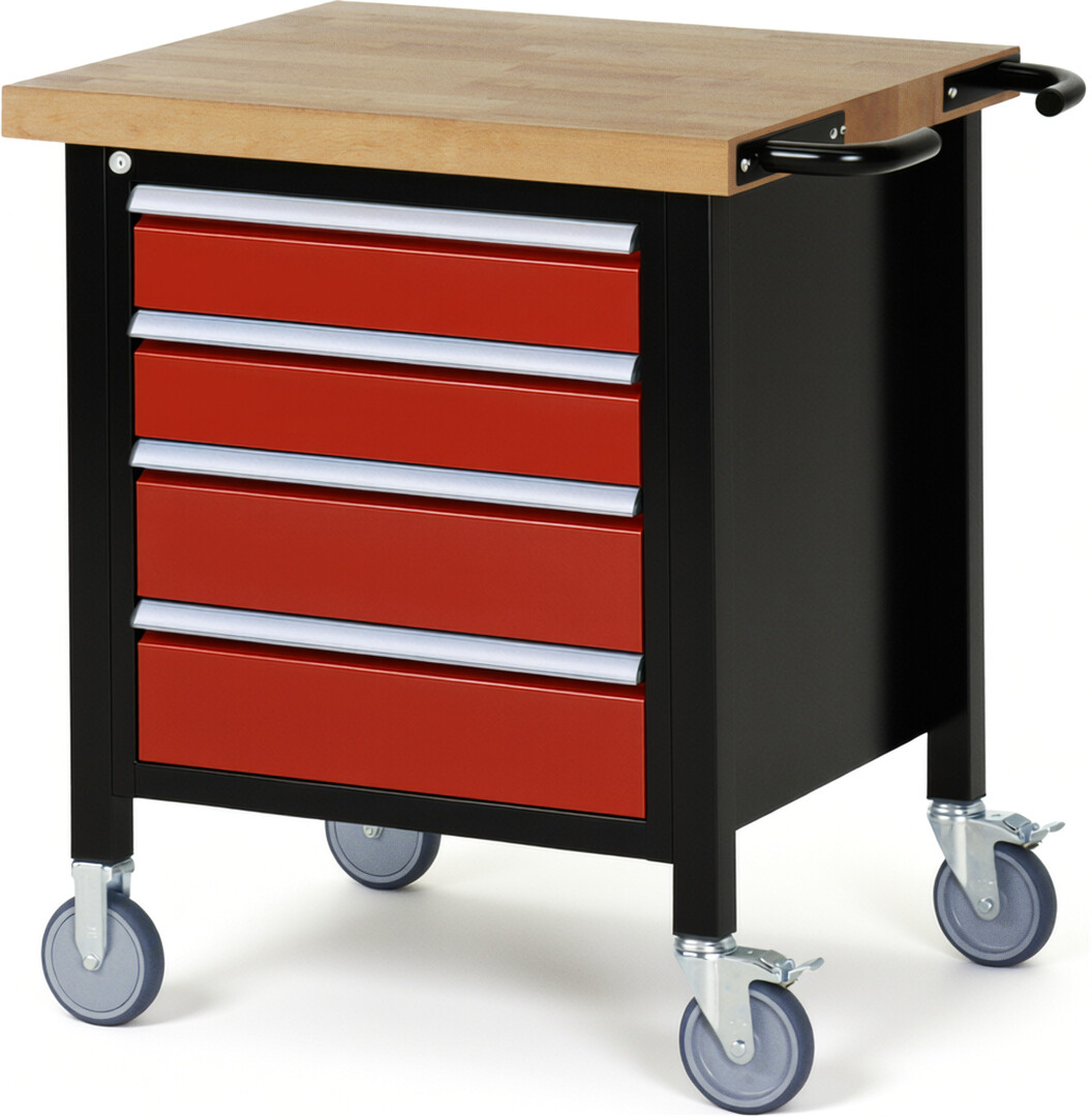 RAU Werkbank schwarz - rot - Breite 75 cm - Tiefe 70 cm - Höhe 108 cm - Buche-Massiv Arbeitsplatte 40 mm