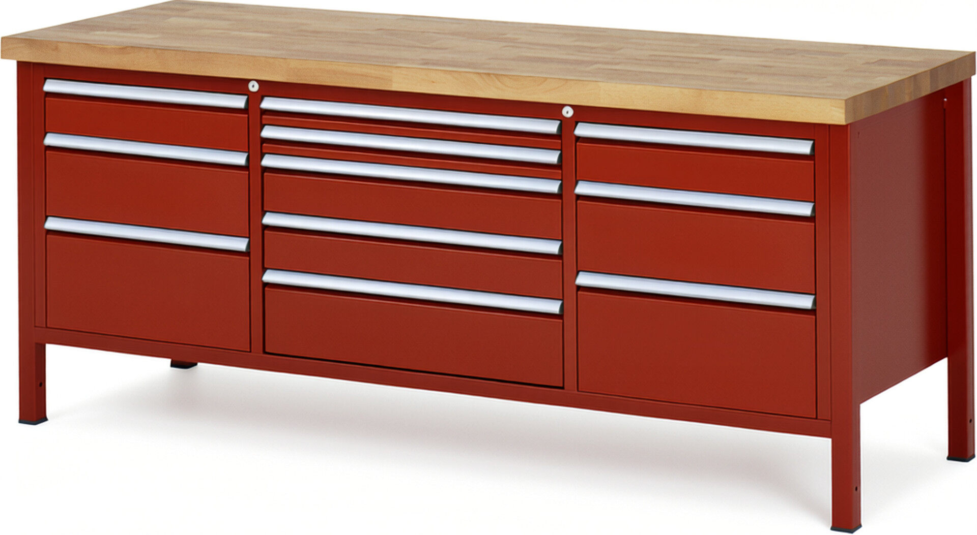 Werkbank Modell 8758 rot, BxTxH 2000x700x840-1040 mm,  Buche-Massiv Arbeitsplatte 40 mm,  11 Schubladen mit  Vollauszug 100 % und  SoftClosing