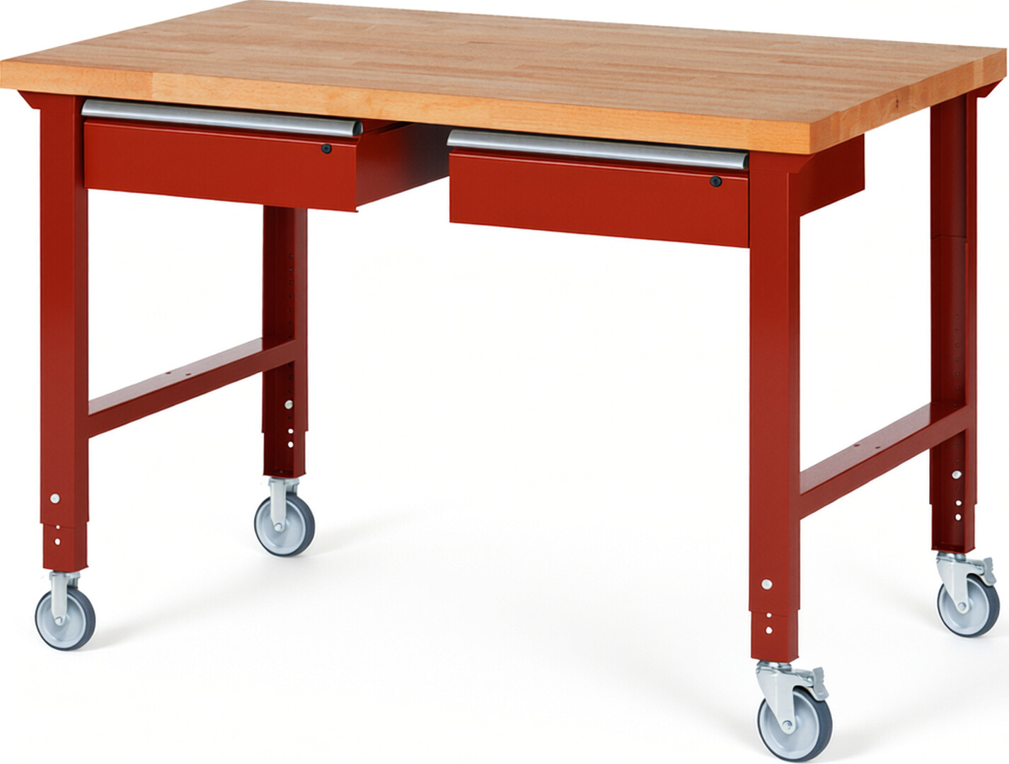 Fahrbare Werkbank Modell 7002 rot, BxTxH 1500x900x950-1000 mm,  Buche-Massiv Arbeitsplatte 40 mm,  2 Schubladen mit  Auszug 90 %