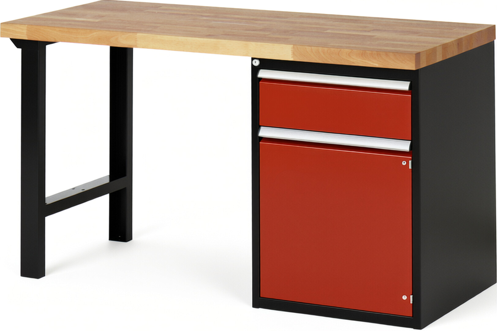 RAU Werkbank schwarz - rot - Breite 150 cm - Tiefe 70 cm - Höhe 89 cm - Buche-Massiv Arbeitsplatte 40 mm