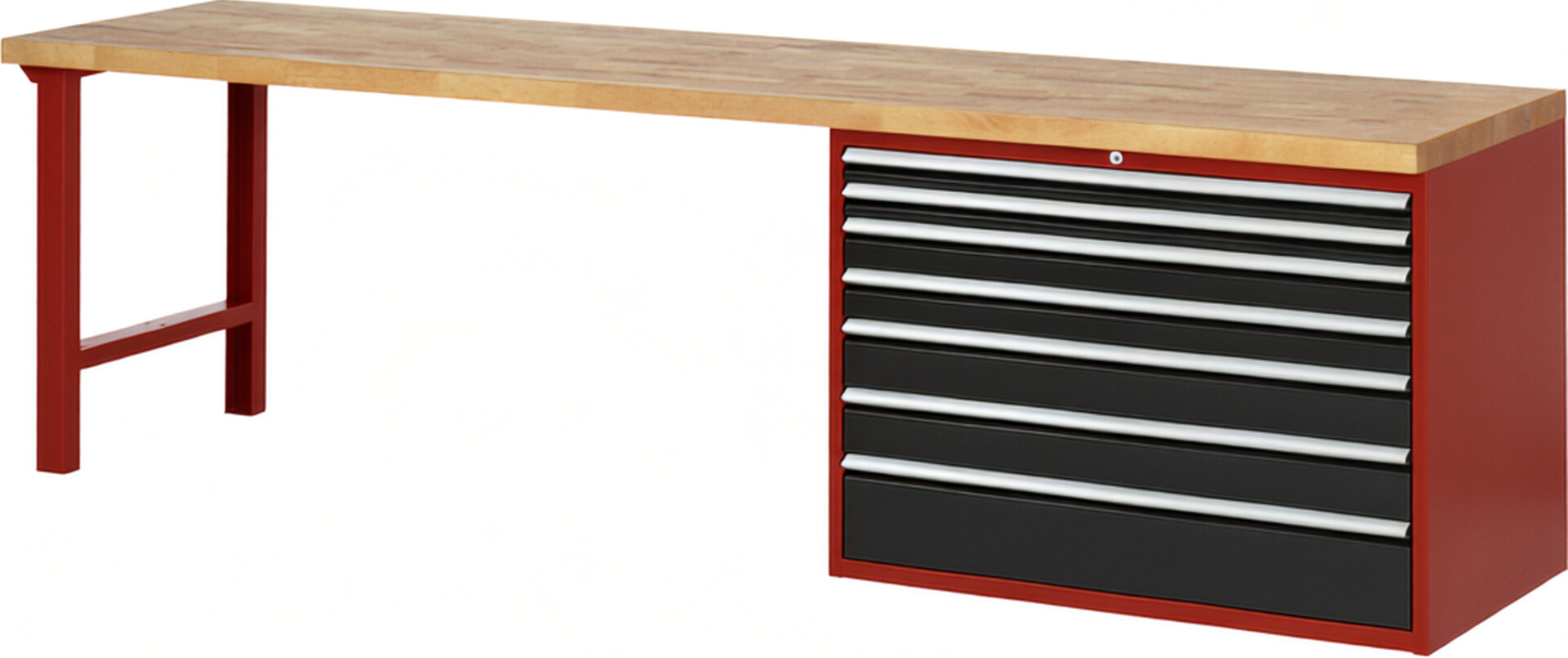 Werkbank Modell 7717 rot - schwarz, BxTxH 3000x700x890 mm,  Buche-Massiv Arbeitsplatte 40 mm,  7 Schubladen mit  Auszug 90 %