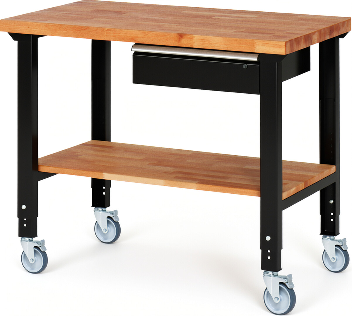 Fahrbare Werkbank Modell 7001 schwarz, BxTxH 1250x700x950-1000 mm,  Buche-Massiv Arbeitsplatte 40 mm,  1 Schublade mit  Auszug 90 %