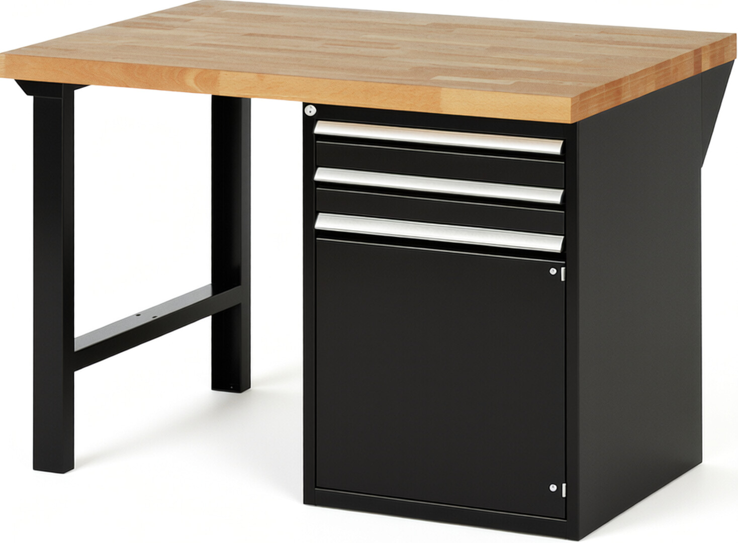 Werkbank Modell 7503 schwarz, BxTxH 1250x900x890 mm,  Buche-Massiv Arbeitsplatte 40 mm,  2 Schubladen mit  Vollauszug 100 % und  SoftClosing
