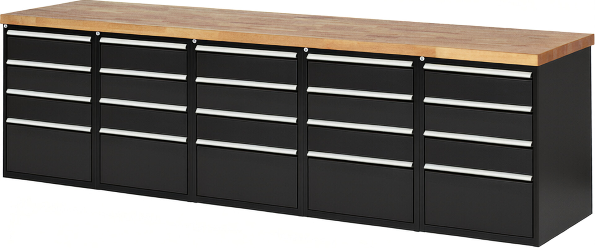 Werkbank Modell 7510 schwarz, BxTxH 3000x700x890 mm,  Buche-Massiv Arbeitsplatte 40 mm,  20 Schubladen mit  Vollauszug 100 % und  SoftClosing