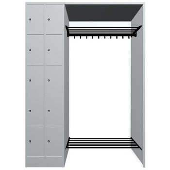 Garderobe, Garderobenanlage, Offene Garderobe mit Spindschrank, 10 Fächer, links, Korpusfarbe lichtgrau, Türfarbe lichtgrau, 1.950 x 1.410 x 480 mm (HxBxT)