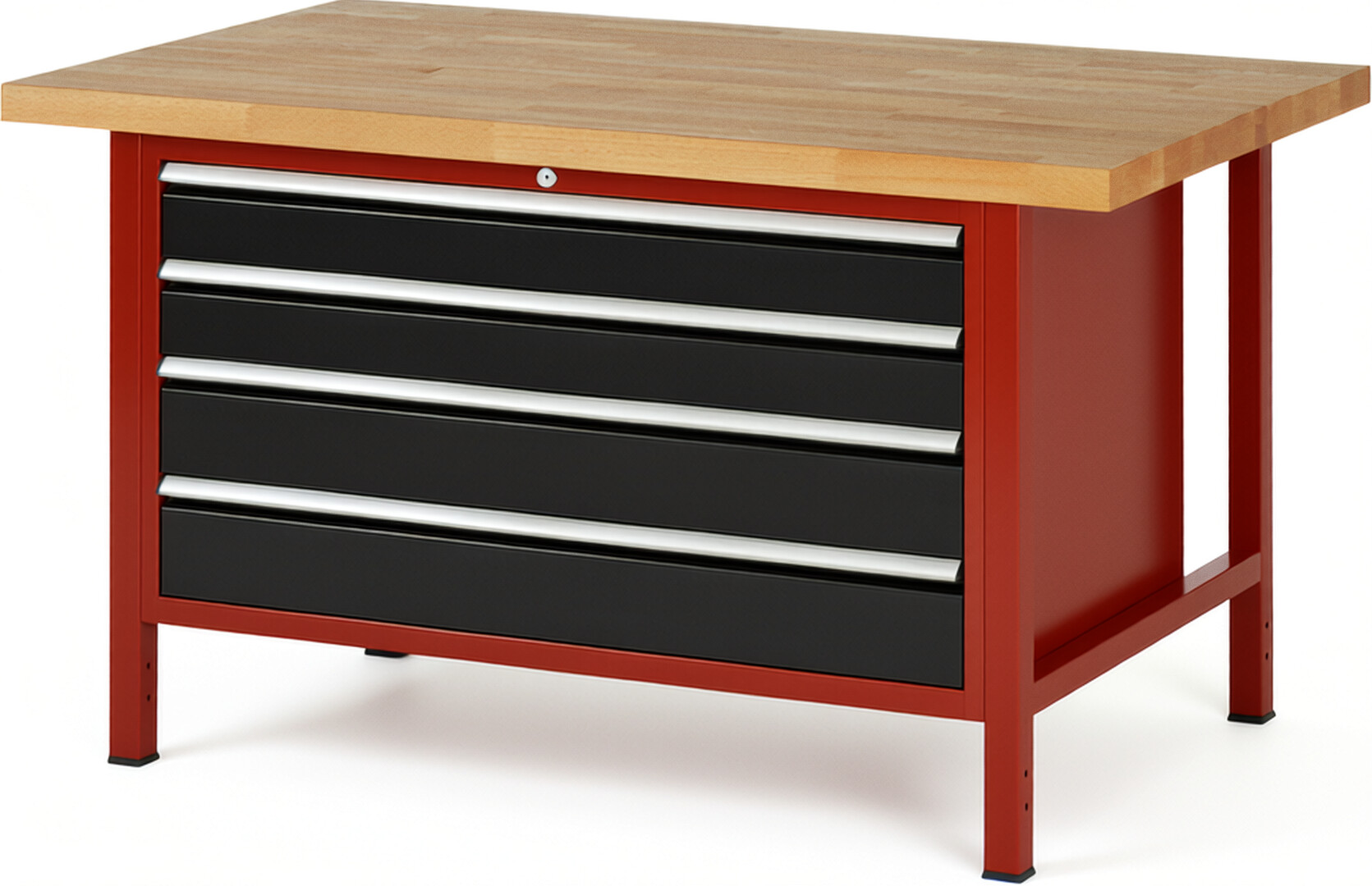 Werkbank Modell 8362 rot - schwarz, BxTxH 1500x900x840-1040 mm,  Buche-Massiv Arbeitsplatte 40 mm,  4 Schubladen mit  Vollauszug 100 % und  SoftClosing