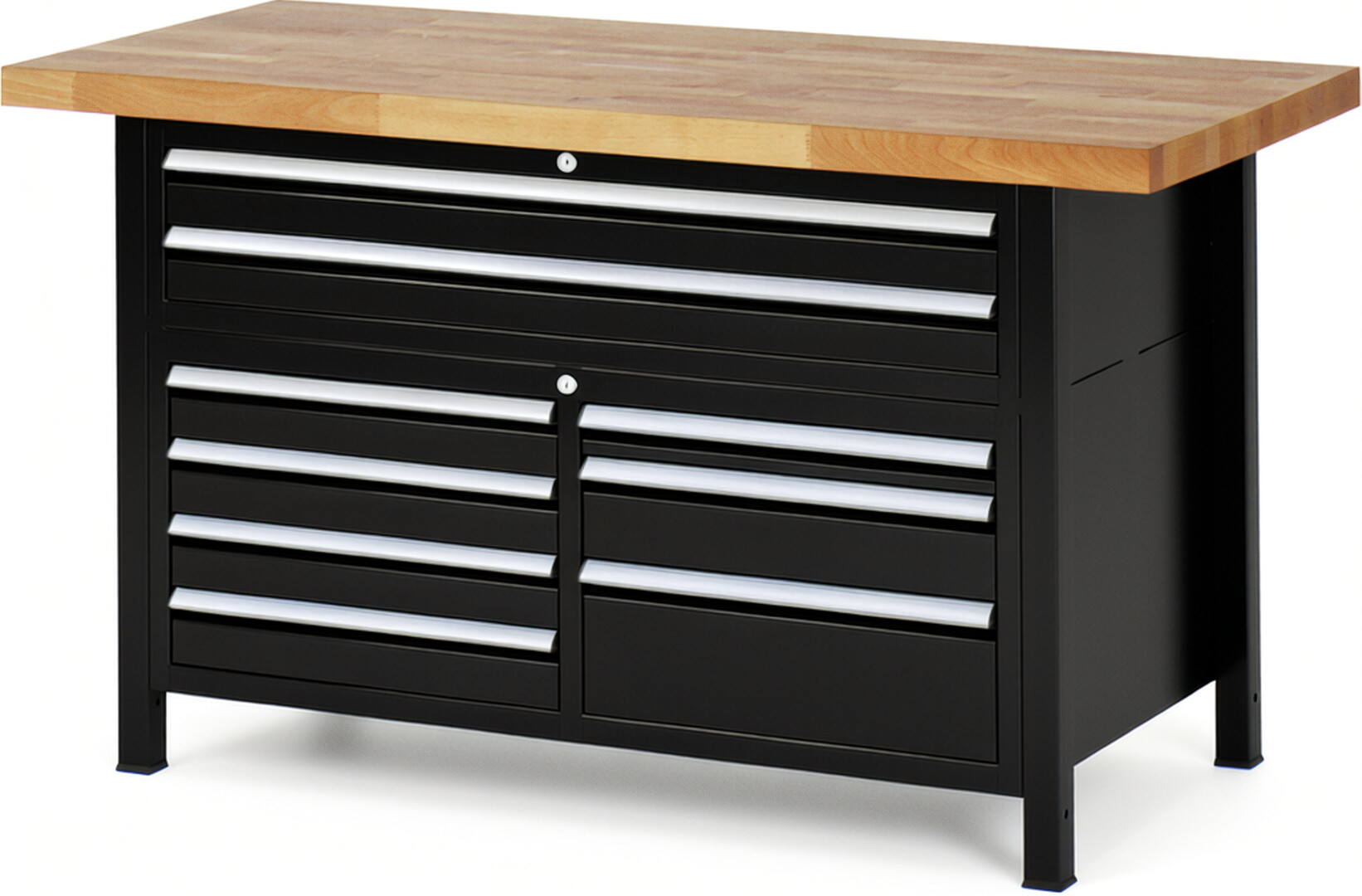 Werkbank Modell 8923 schwarz, BxTxH 1500x700x840 mm,  Buche-Massiv Arbeitsplatte 40 mm,  9 Schubladen mit  Auszug 90 %