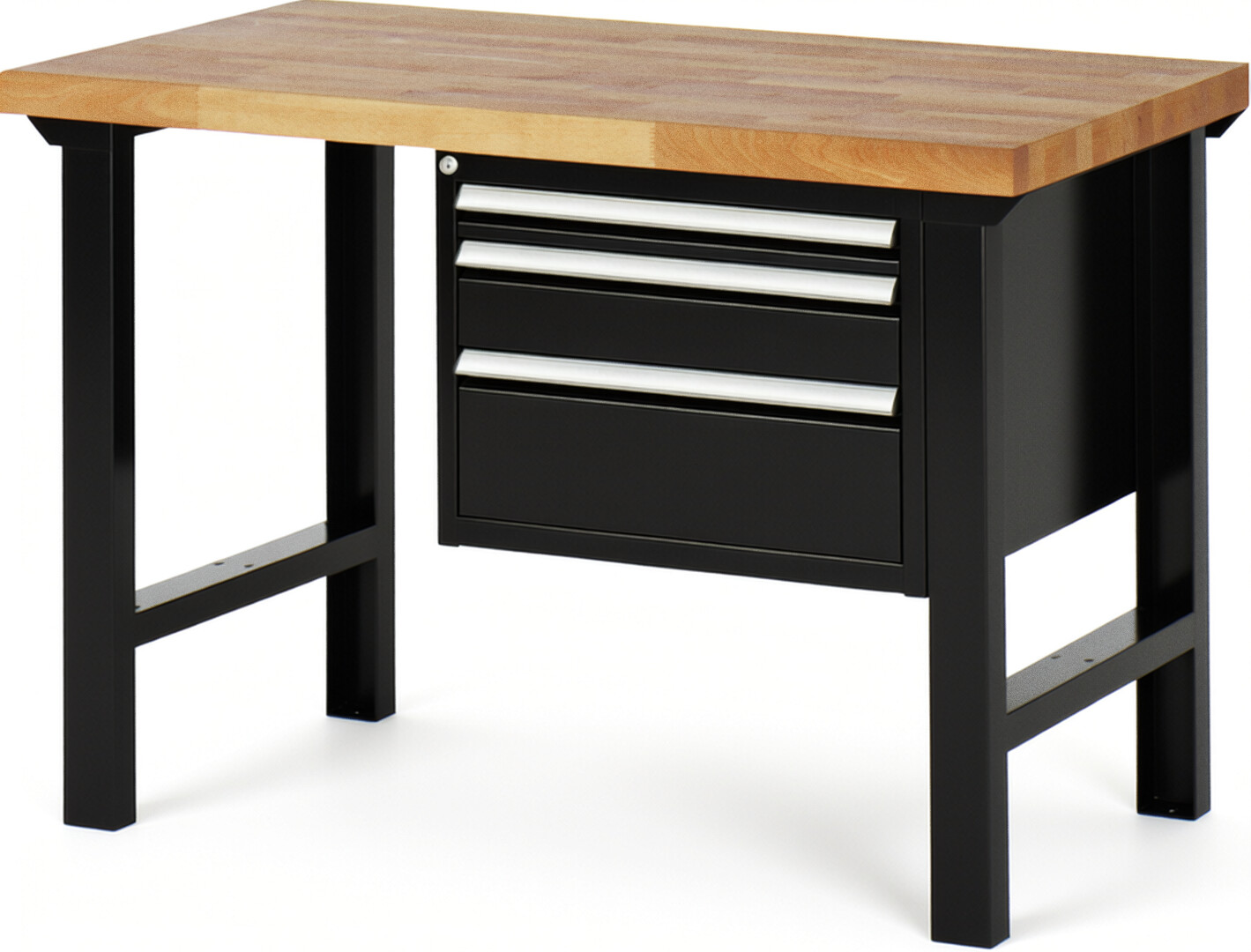 Werkbank Modell 7126 schwarz, BxTxH 1250x700x840 mm,  Buche-Massiv Arbeitsplatte 40 mm,  3 Schubladen mit  Vollauszug 100 % und  SoftClosing