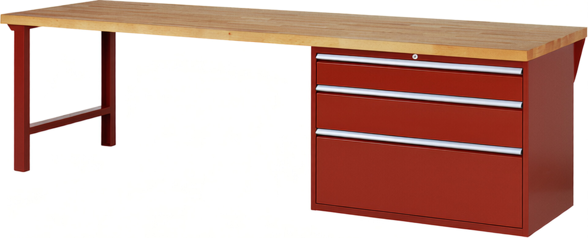 Werkbank Modell 7708 rot, BxTxH 3000x900x890 mm,  Buche-Massiv Arbeitsplatte 40 mm,  3 Schubladen mit  Vollauszug 100 % und  SoftClosing