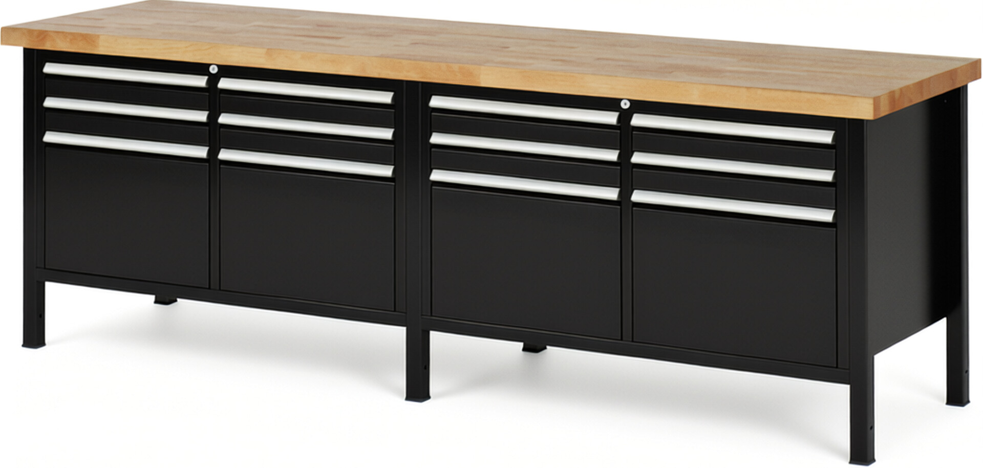 Werkbank Modell 8474 schwarz, BxTxH 2500x700x840 mm,  Buche-Massiv Arbeitsplatte 40 mm,  12 Schubladen mit  Vollauszug 100 % und  SoftClosing