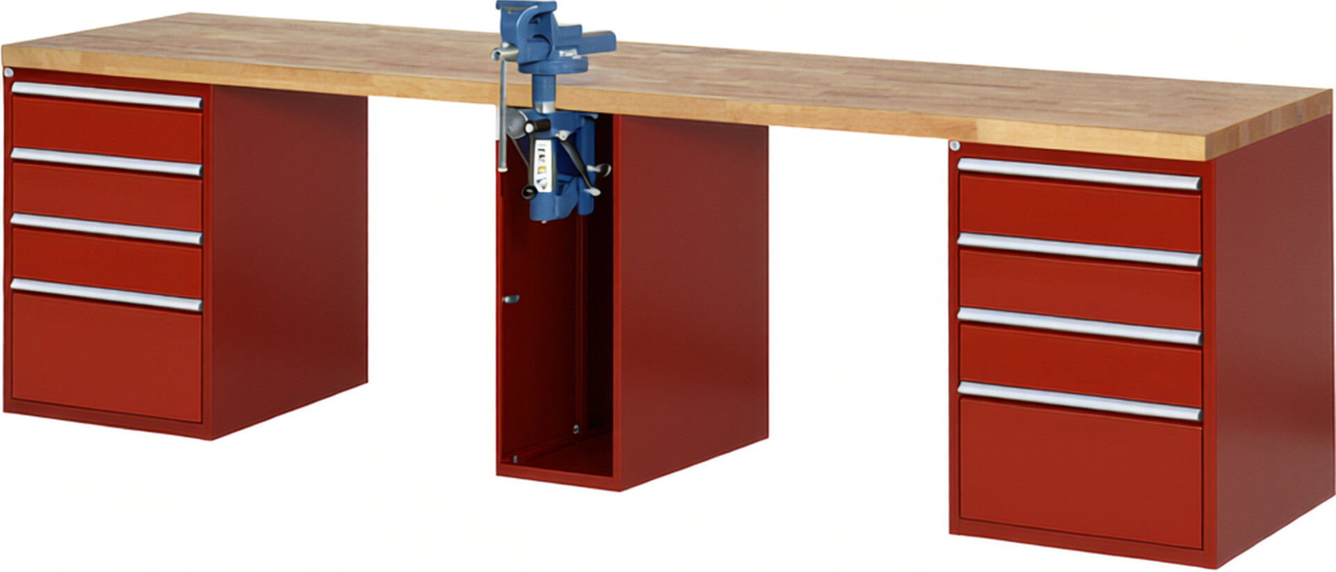 Werkbank Modell 7510 rot, BxTxH 3000x700x840 mm,  Buche-Massiv Arbeitsplatte 40 mm,  8 Schubladen mit  Auszug 90 %
