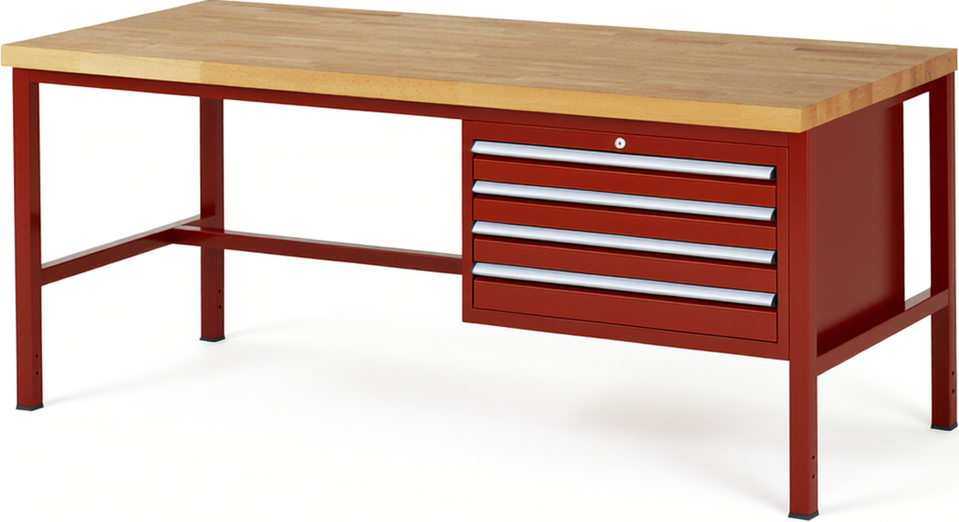 Werkbank Modell 8233 rot, BxTxH 2000x900x840 mm,  Buche-Massiv Arbeitsplatte 40 mm,  4 Schubladen mit  Auszug 90 %