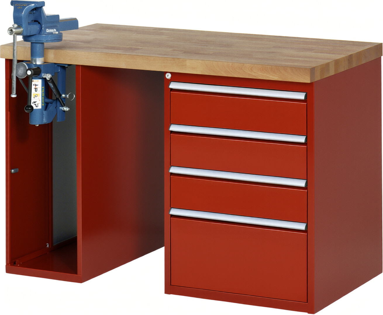 Werkbank Modell 7510 rot, BxTxH 1250x700x890 mm,  Buche-Massiv Arbeitsplatte 40 mm,  4 Schubladen mit  Vollauszug 100 % und  SoftClosing