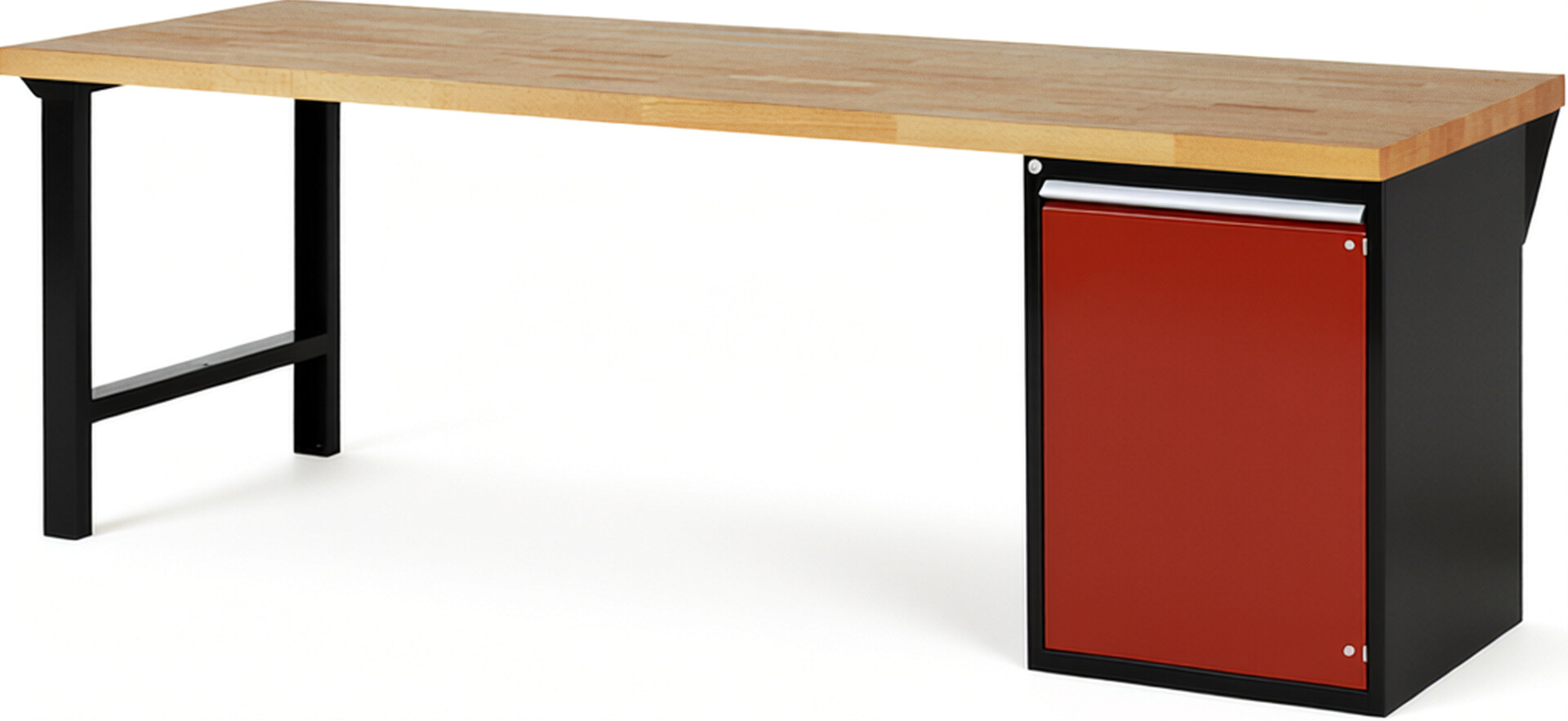 RAU Werkbank schwarz - rot - Breite 250 cm - Tiefe 90 cm - Höhe 89 cm - Buche-Massiv Arbeitsplatte 40 mm