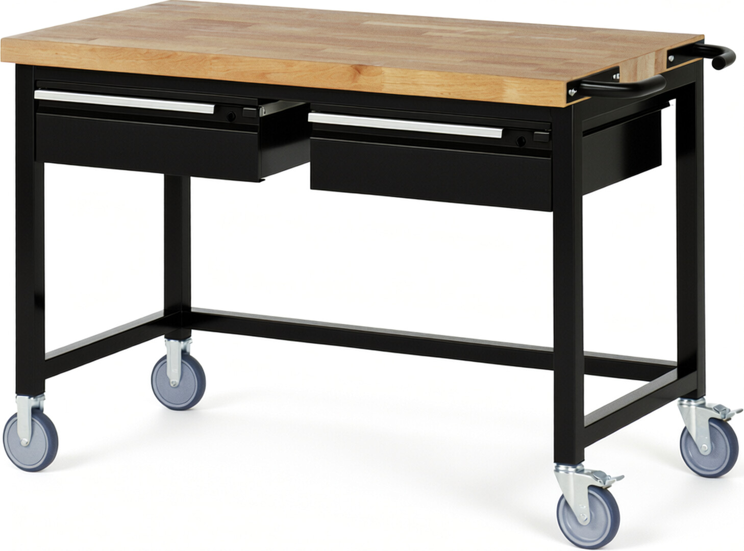Fahrbare Werkbank - Modell 8002 BASIC schwarz, BxTxH 1250x700x880 mm,  Buche-Massiv Arbeitsplatte 40 mm,  2 Schubladen mit  Auszug 90 %