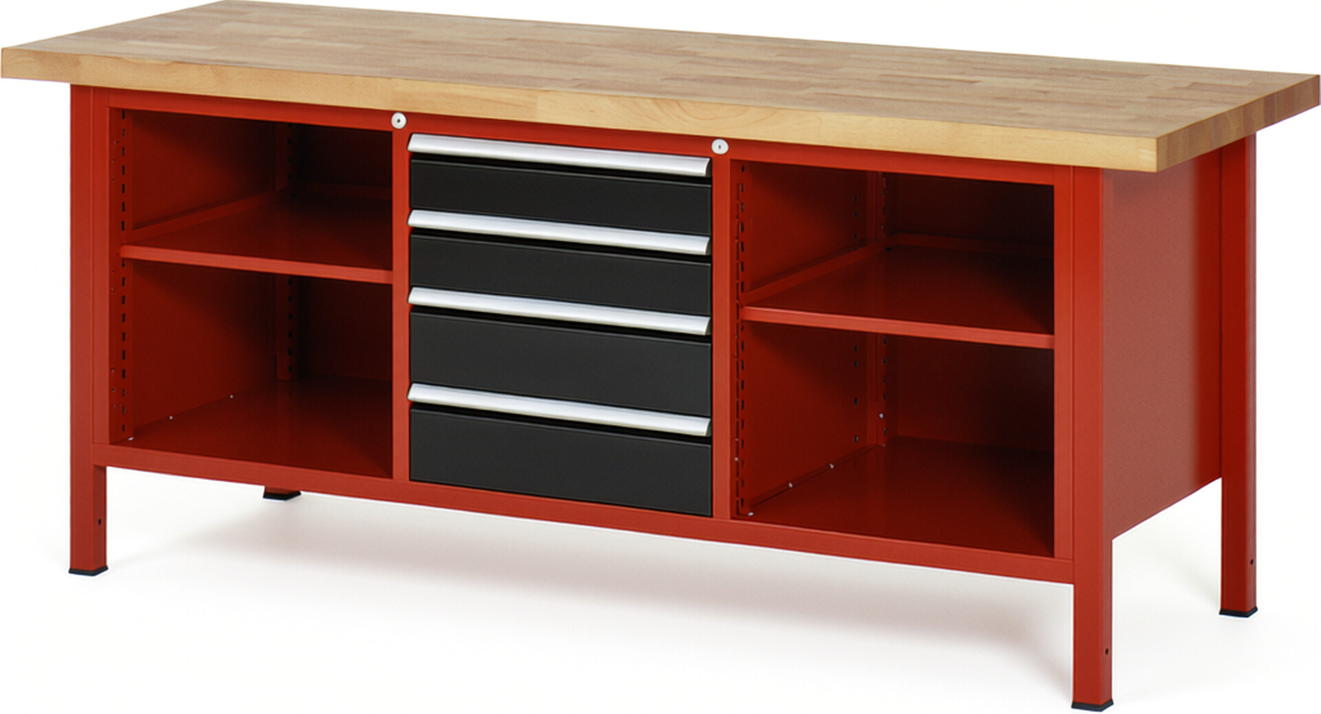 Werkbank Modell 8566 rot - schwarz, BxTxH 2000x700x840 mm,  Buche-Massiv Arbeitsplatte 40 mm,  4 Schubladen mit  Vollauszug 100 % und  SoftClosing
