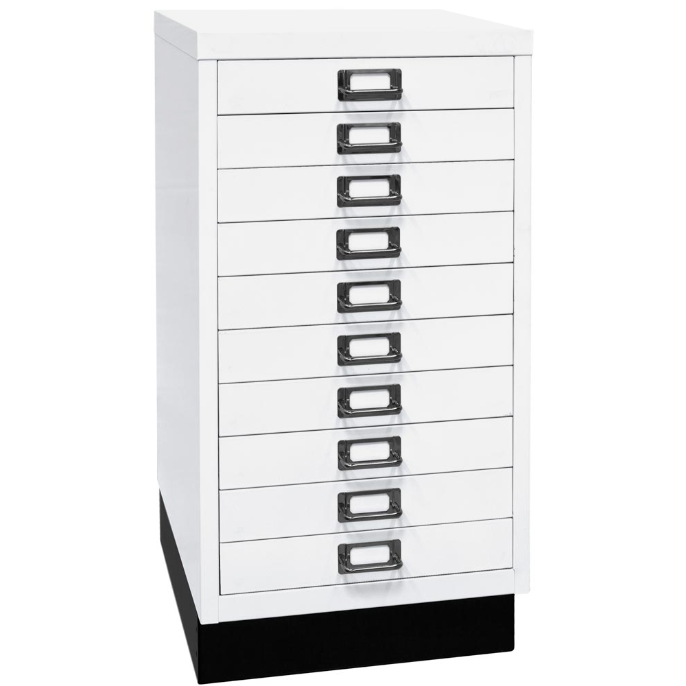 Schubladenschrank aus Stahl, BxTxH 349x432x670 mm, 10 Schubladen 51 mm, DIN A3, Sockel 80 mm hoch, verkehrsweiß