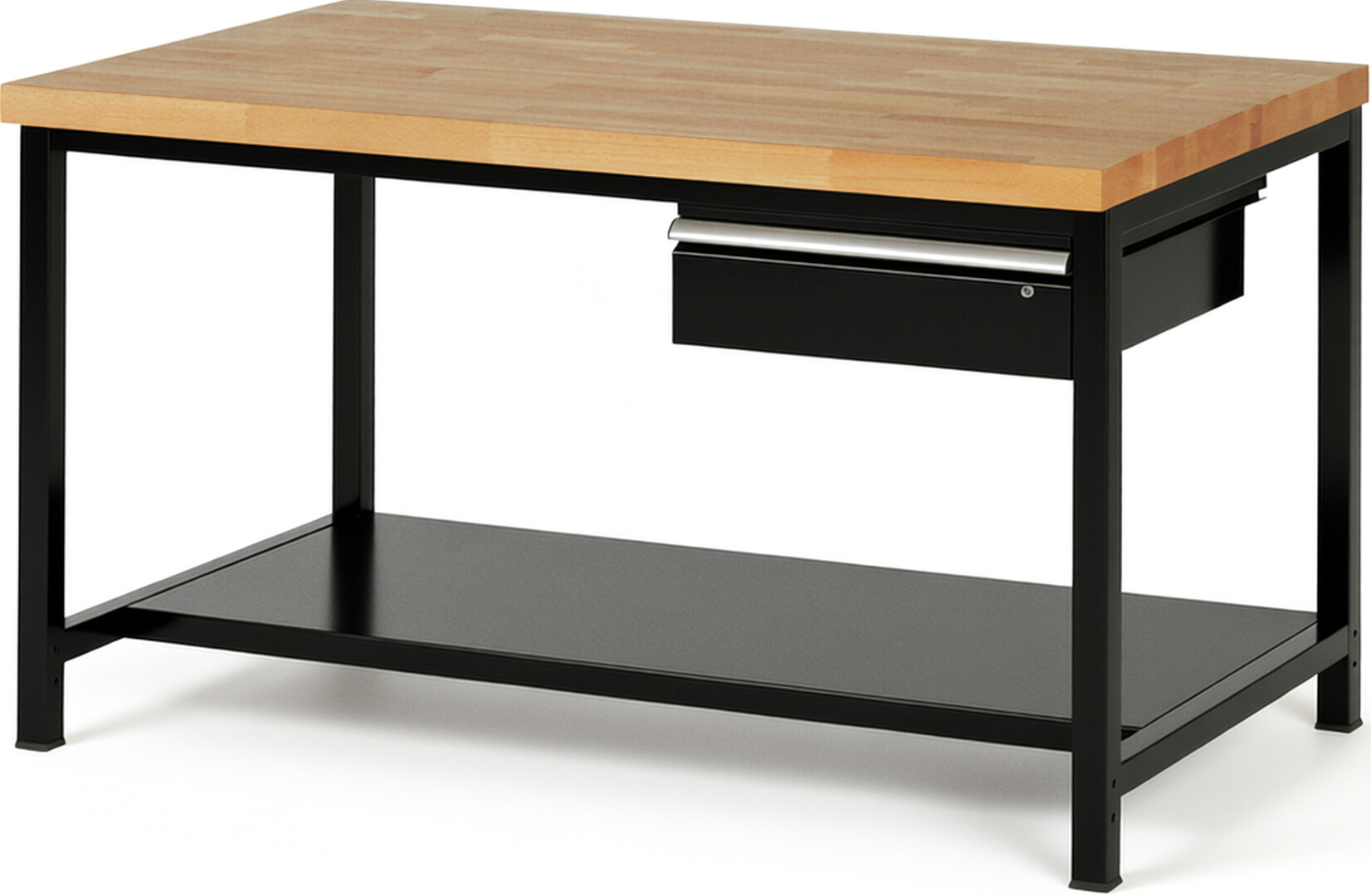 Werkbank Modell 8001 schwarz, BxTxH 1500x900x840-1040 mm,  Buche-Massiv Arbeitsplatte 40 mm,  1 Schublade mit  Auszug 90 %