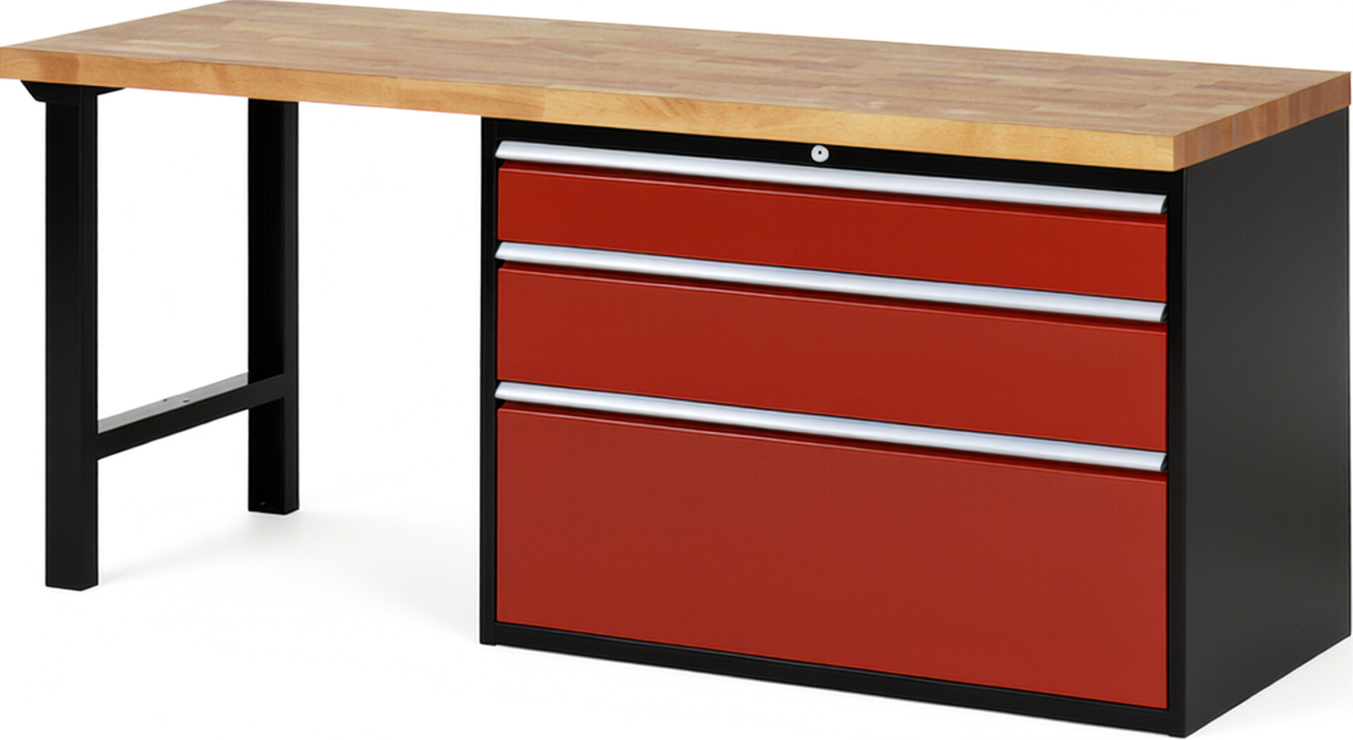 RAU Werkbank schwarz - rot - Breite 200 cm - Tiefe 70 cm - Höhe 89 cm - Buche-Massiv Arbeitsplatte 40 mm